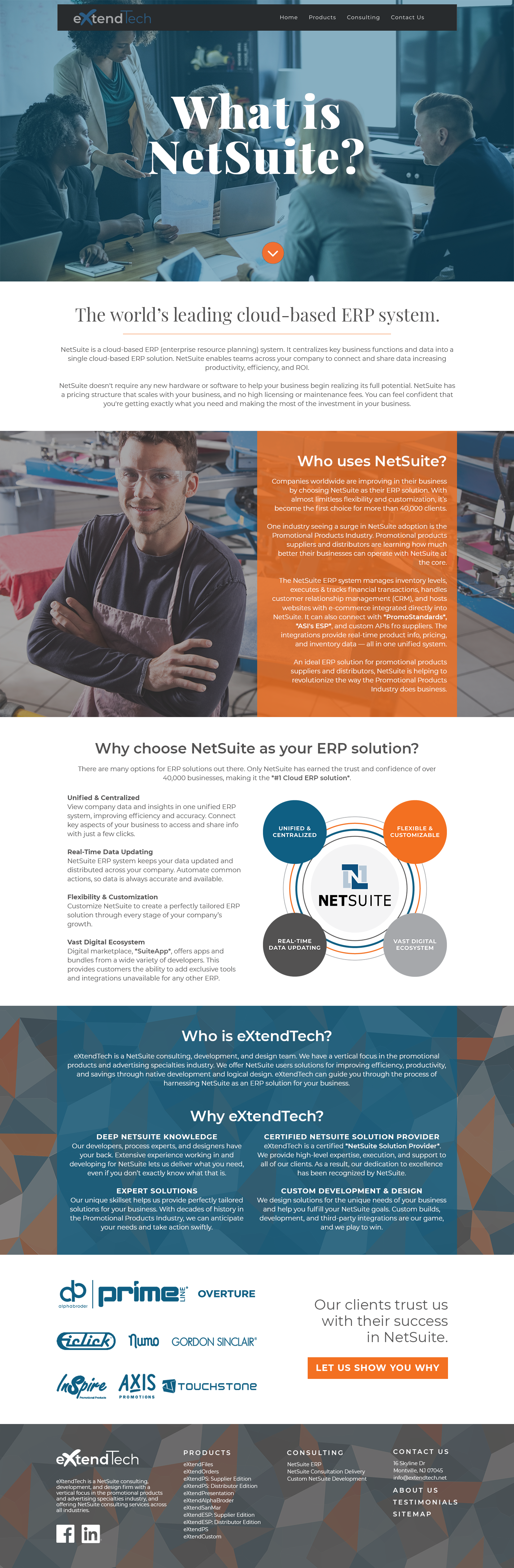 A business website homepage for eXtentTech, displaying a team meeting, with sections about NetSuite ERP solutions, benefits, client testimonials, and company info, with images of team members and industry graphics.