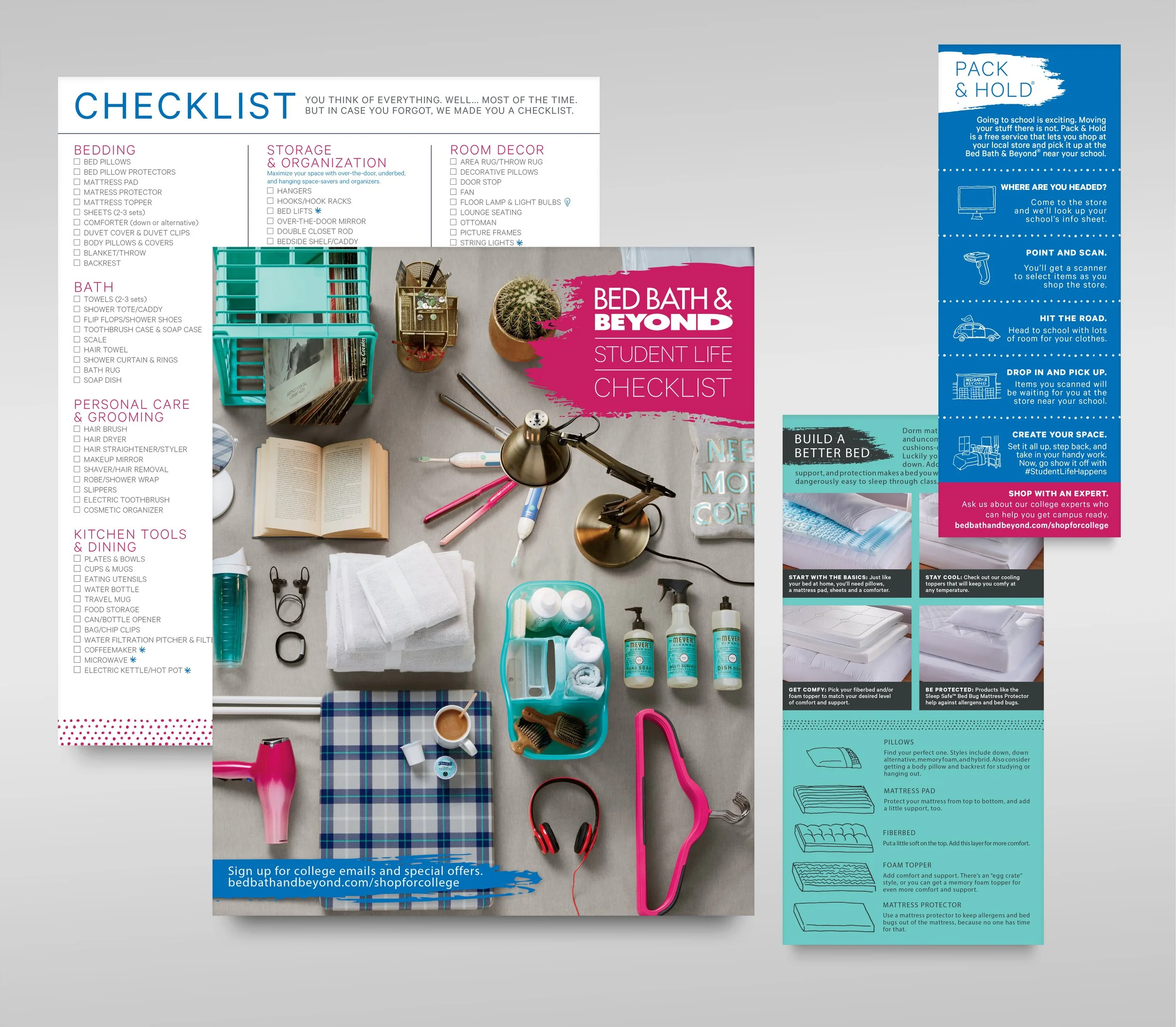 College dorm room organization checklist layout with various personal care, kitchen tools, room decor, and bedding items displayed around a checklist, and an informational strip on moving into college.