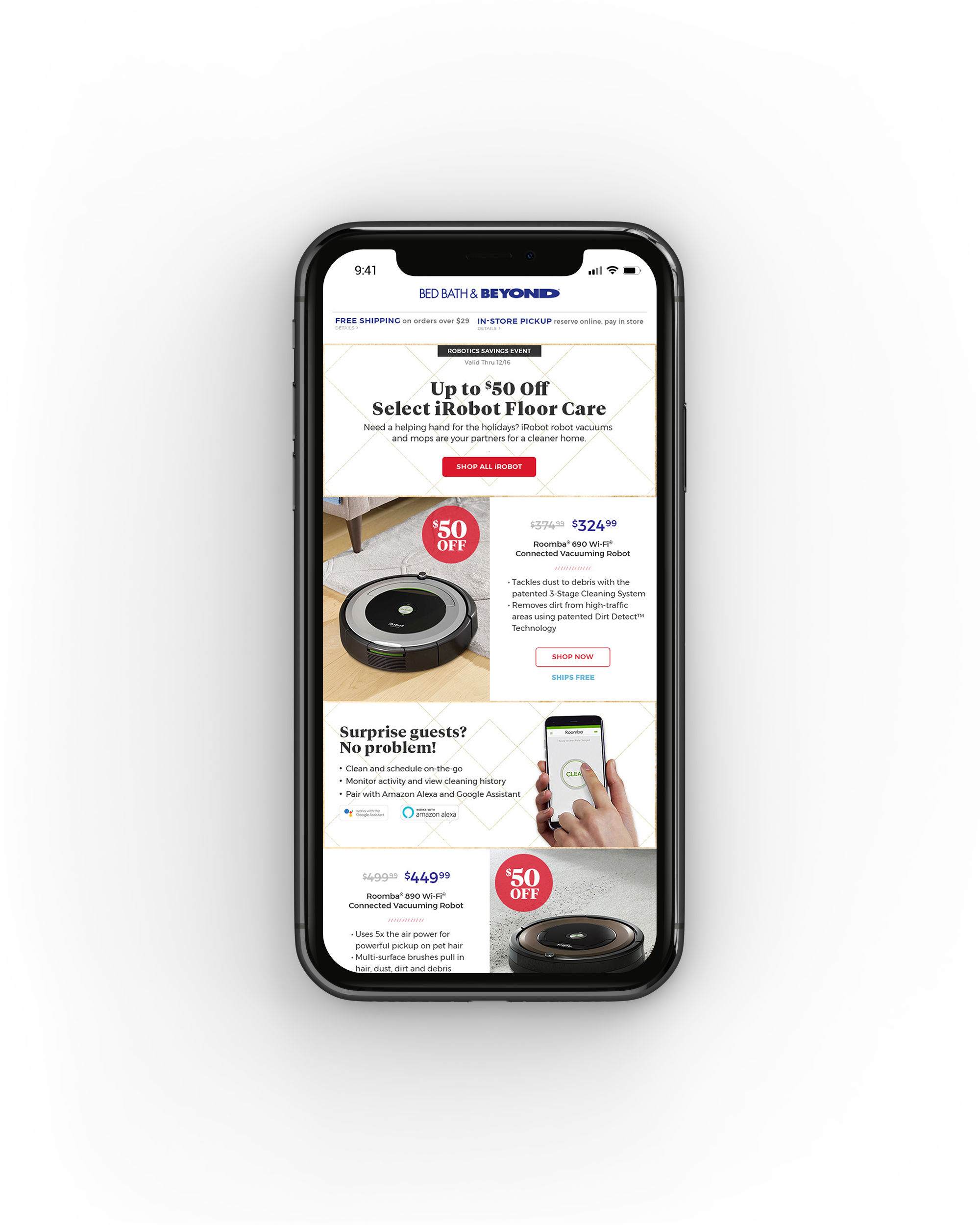 A smartphone displaying a webpage with advertisements for iRobot vacuum cleaners offering discounts, feature descriptions, and shopping options.