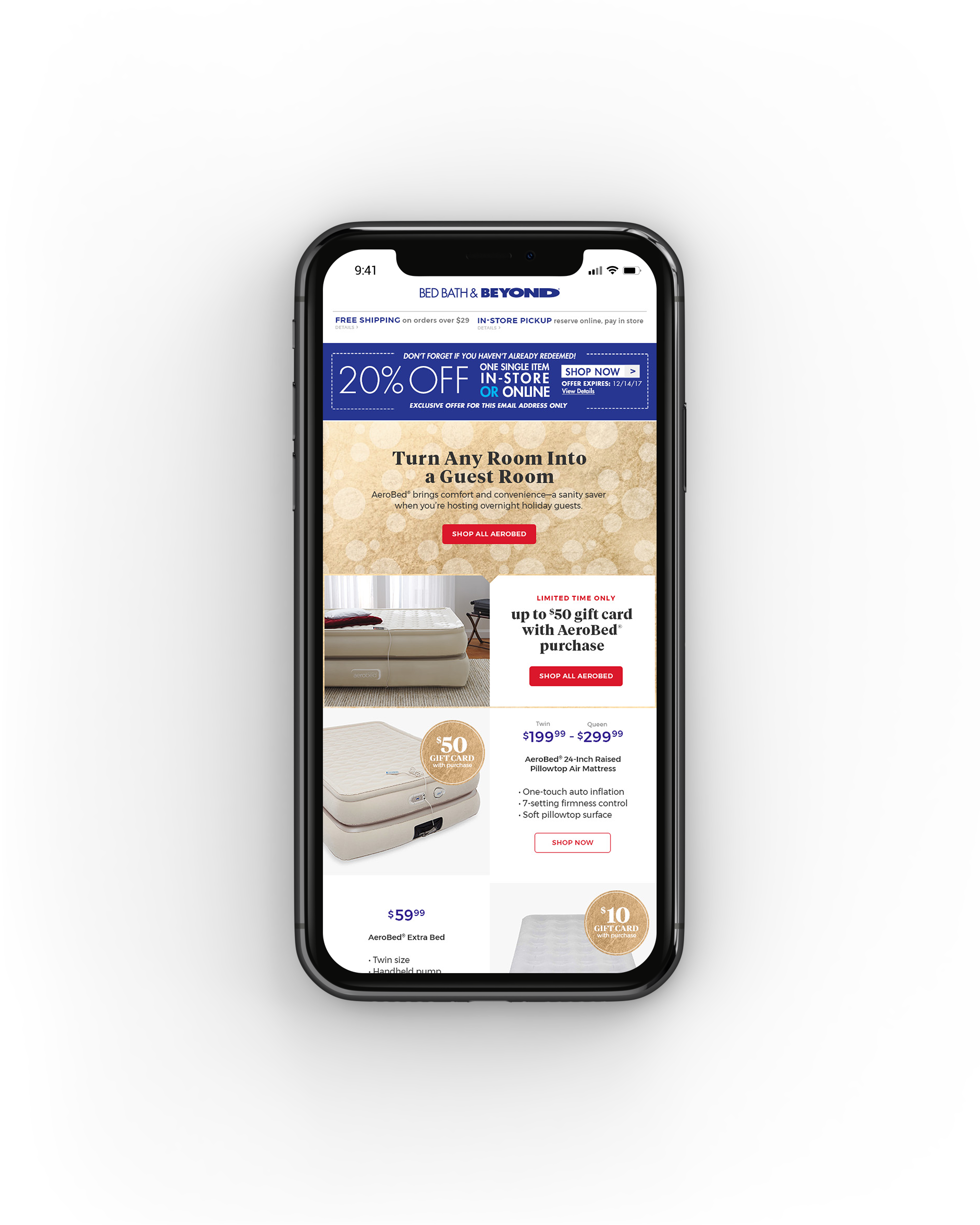 Smartphone displaying an online mattress sale webpage from Bed Beyond with various mattress options, discounts, and gift card offers.