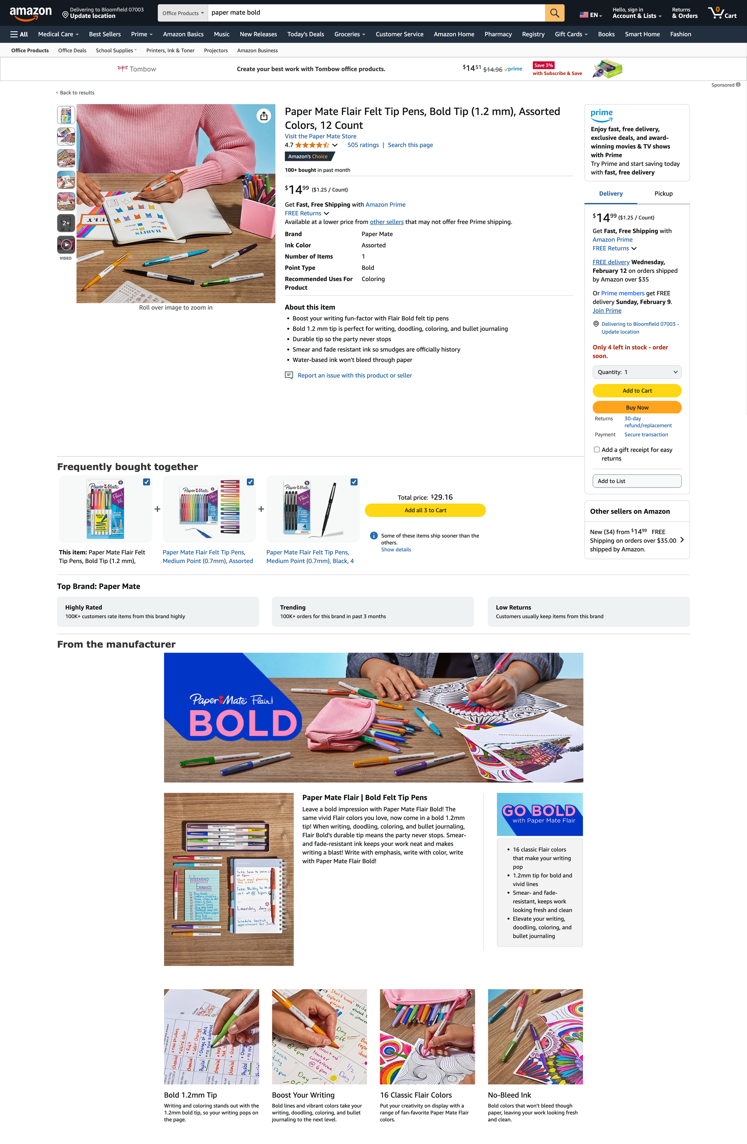 A webpage showing a listing for Paper Mate Flair Felt Tip Pens in assorted colors, with an image of a person using colored pens on paper and various colorful art and writing supplies.