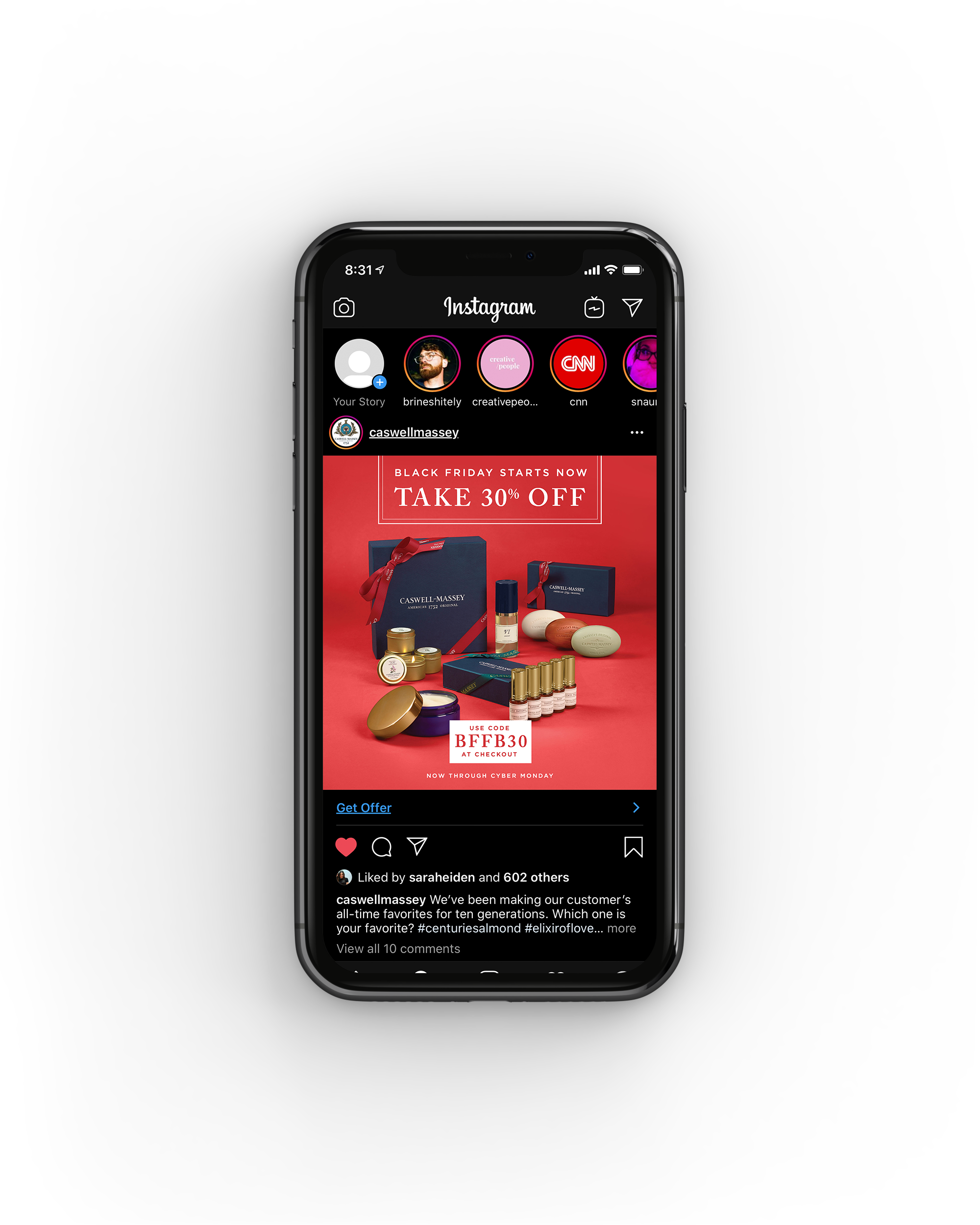 Instagram post showing a holiday sale with 30% off on skincare products, featuring a red background with various skincare items and a promotional code.