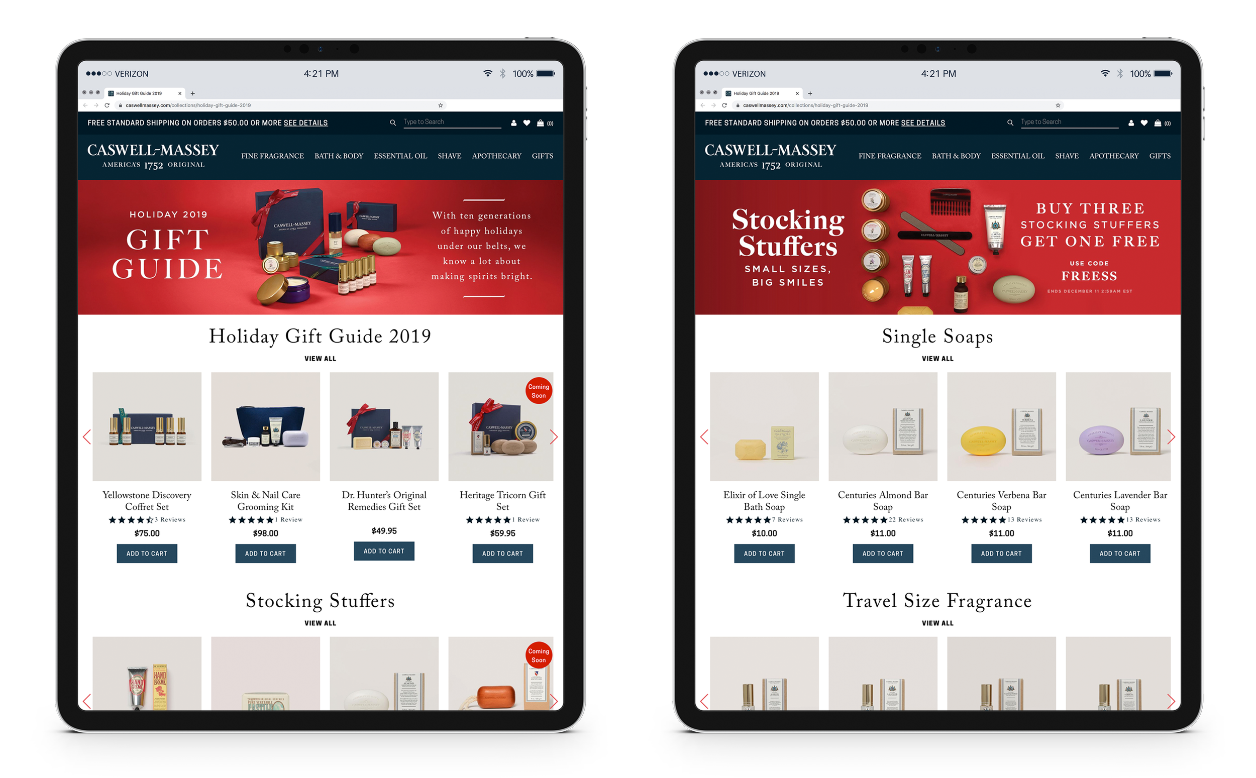 Two tablets displaying the Caswell-Massey website, one showcasing holiday gift sets and the other featuring single soaps from the 2019 holiday collection.