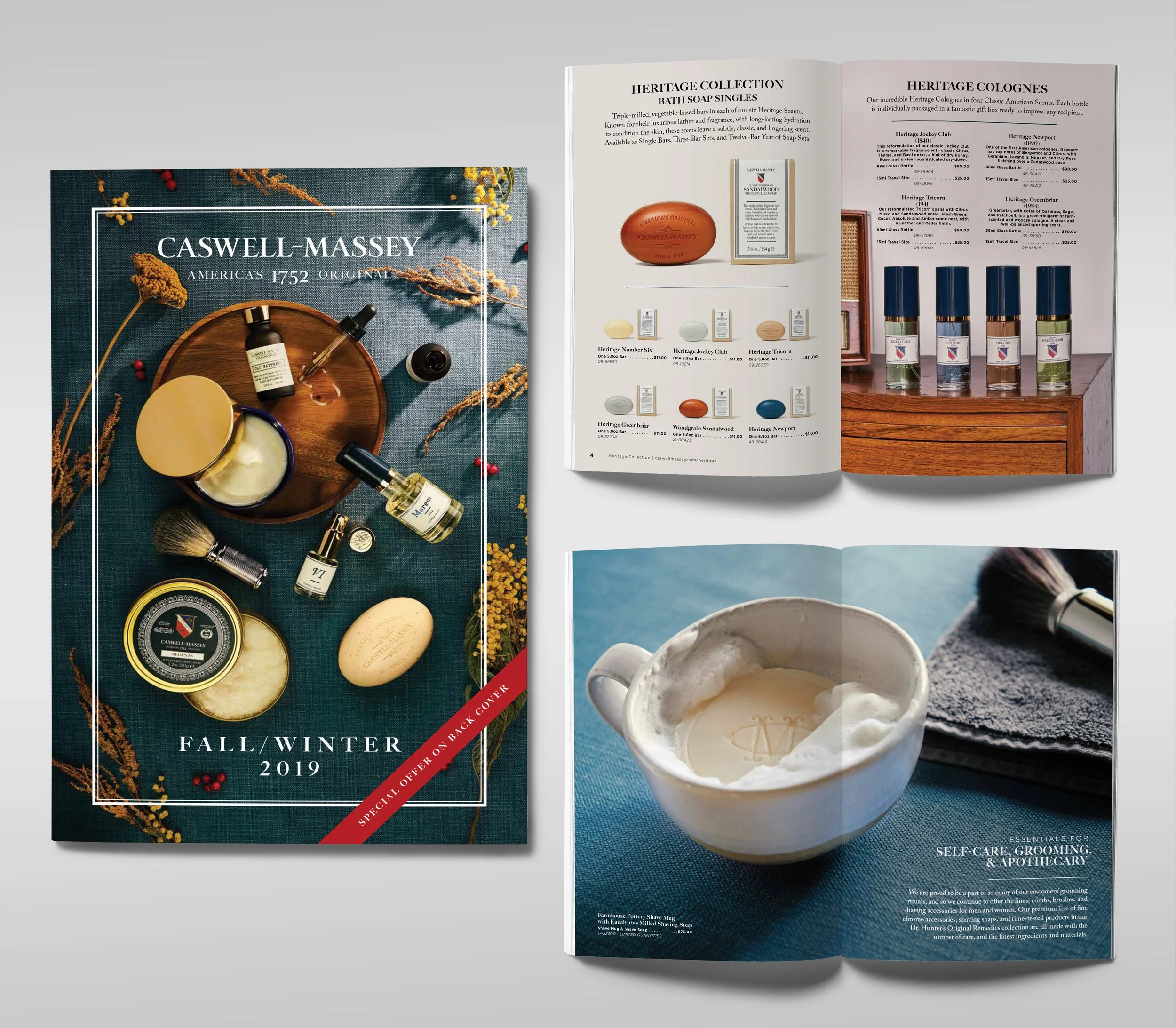 Open magazine showcasing Caswell-Massey beauty products, with images of soaps, creams, and essential oils, and a section on self-care grooming items.