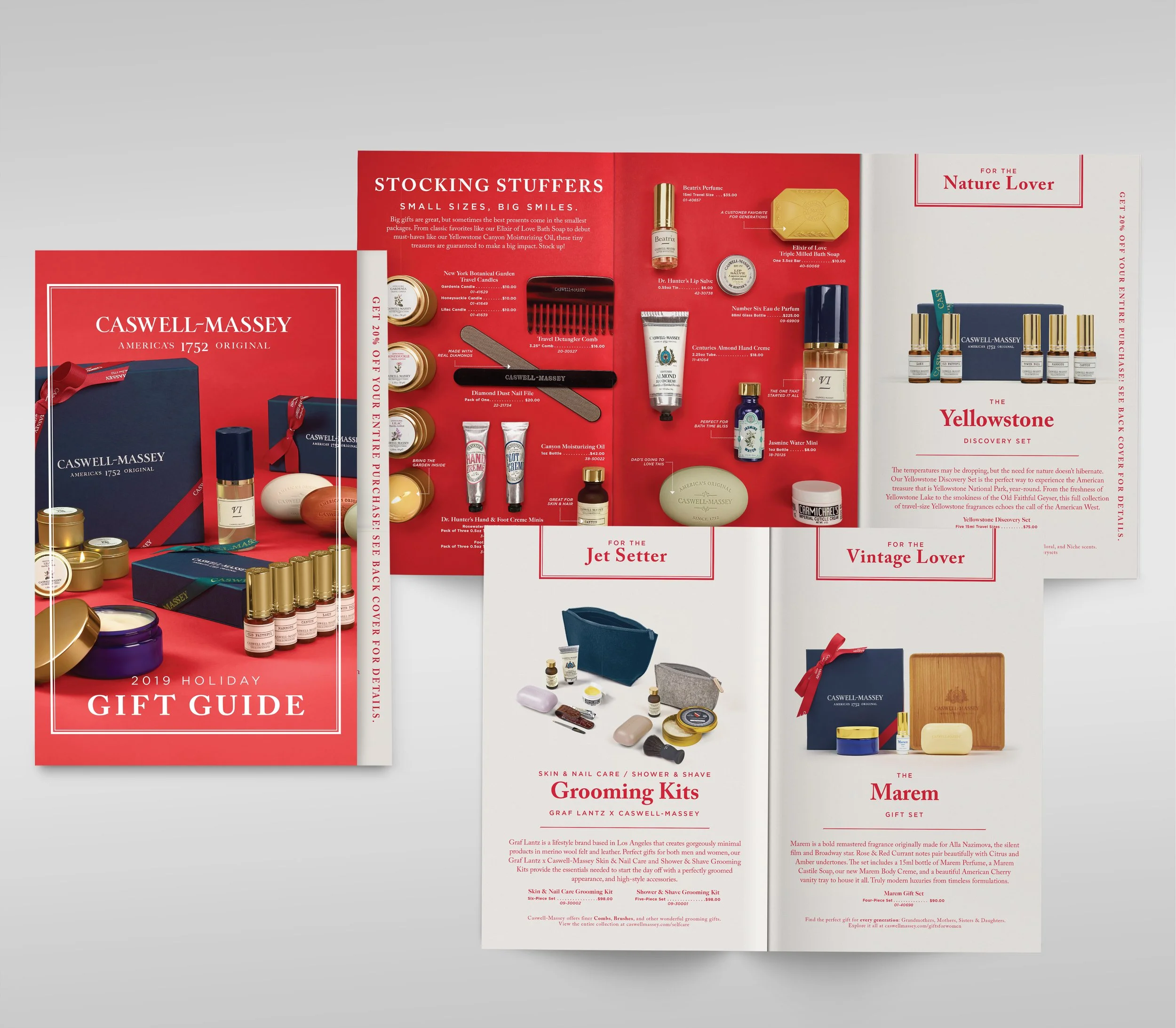 Holiday gift catalog featuring skincare, fragrance, grooming, and luxury gift sets from Caswell-Massey.
