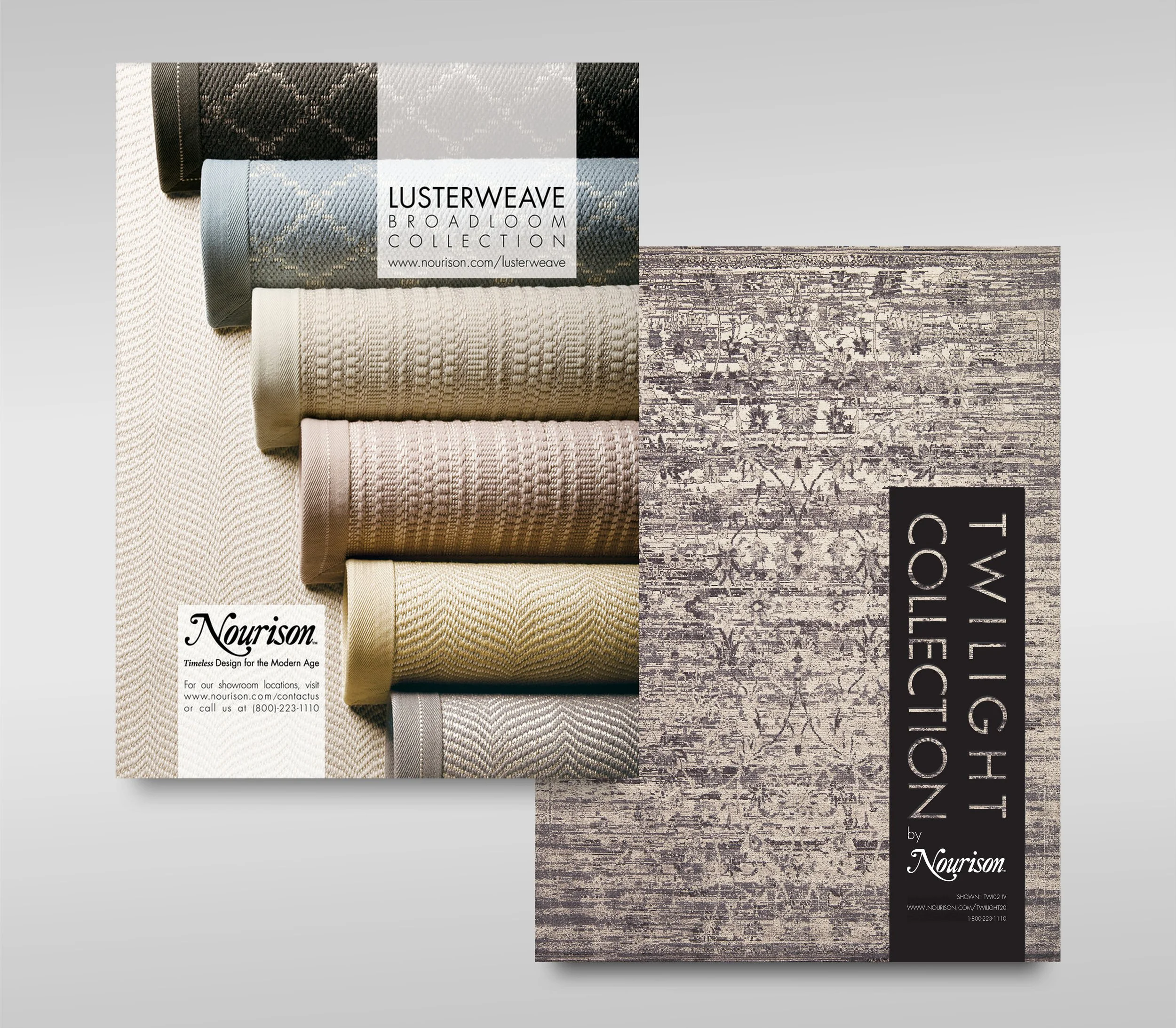 Brochure featuring a collection of six rolled fabrics in neutral tones and a sample of a textured rug, advertising Nourison's "Two Light Collection" with website and contact information.