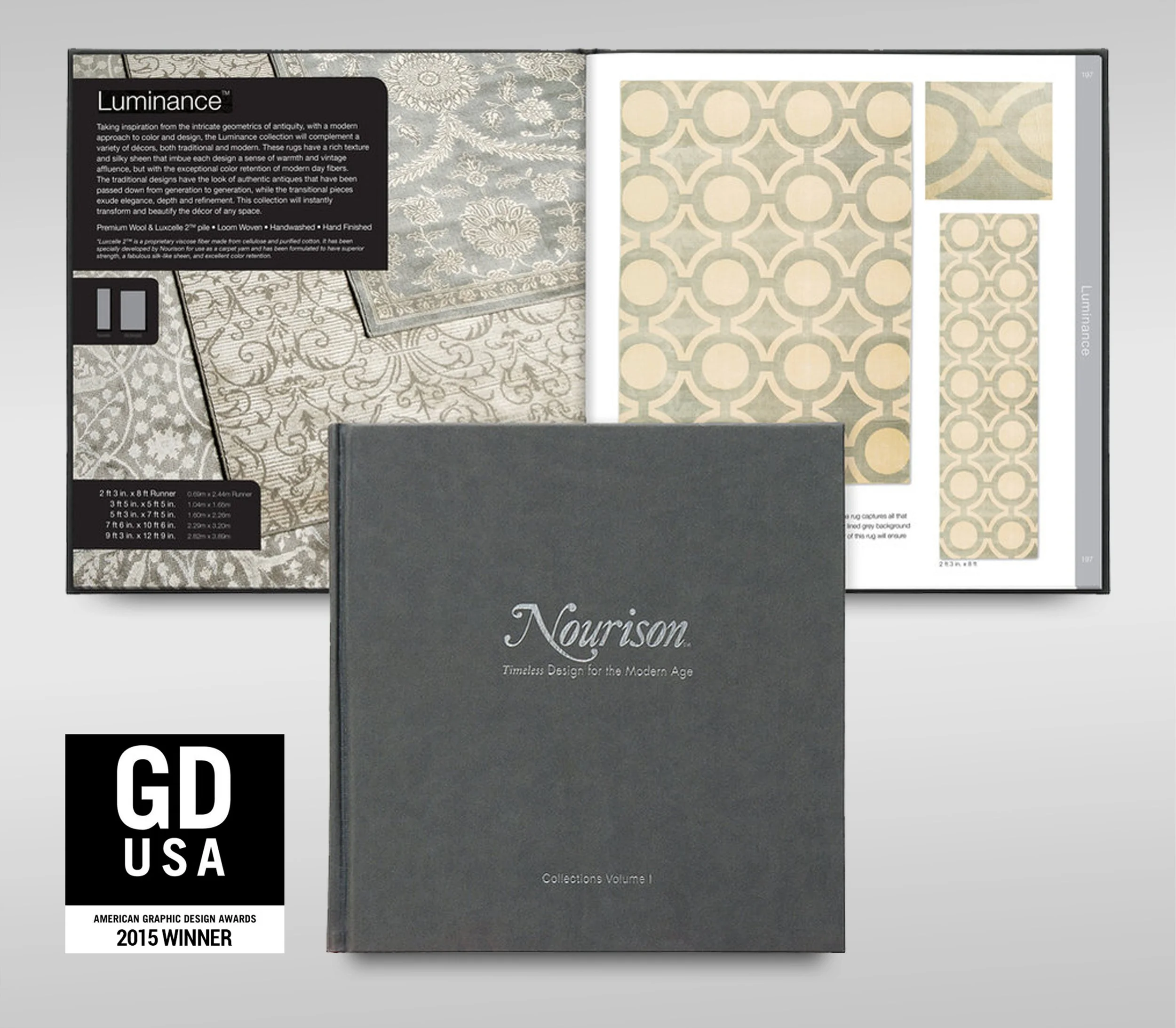 A printed sample book titled "Nourison Timeless Design for the Modern Age" with a dark cover and a black and white label indicating it is a 2015 winner of the American Graphic Design Awards. The book is surrounded by fabric samples with intricate, vi