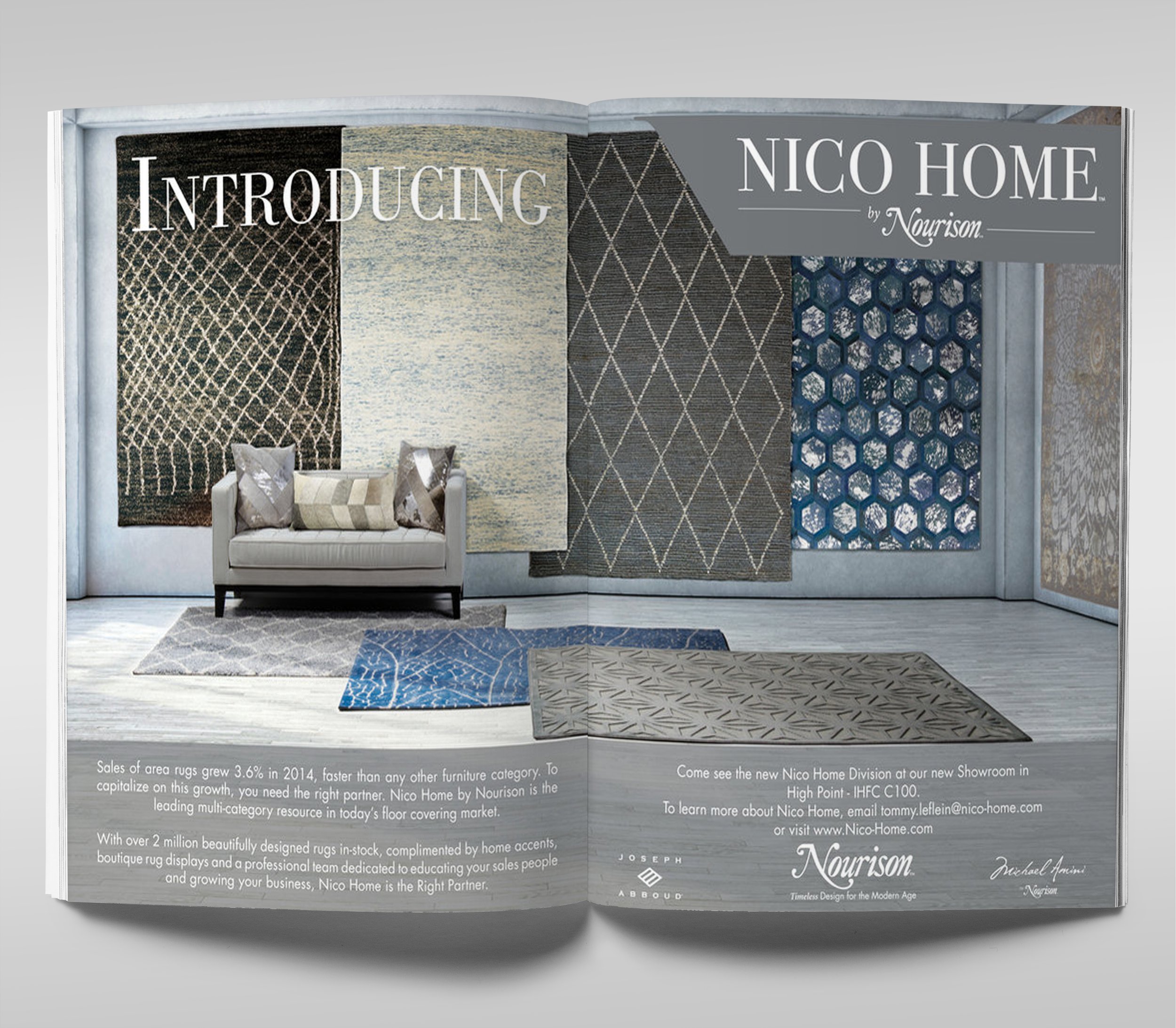Magazine open to an advertisement for Nico Home by Nourison, showcasing various area rugs in a room with a sofa, with text describing rug sales and a showroom visit invitation.