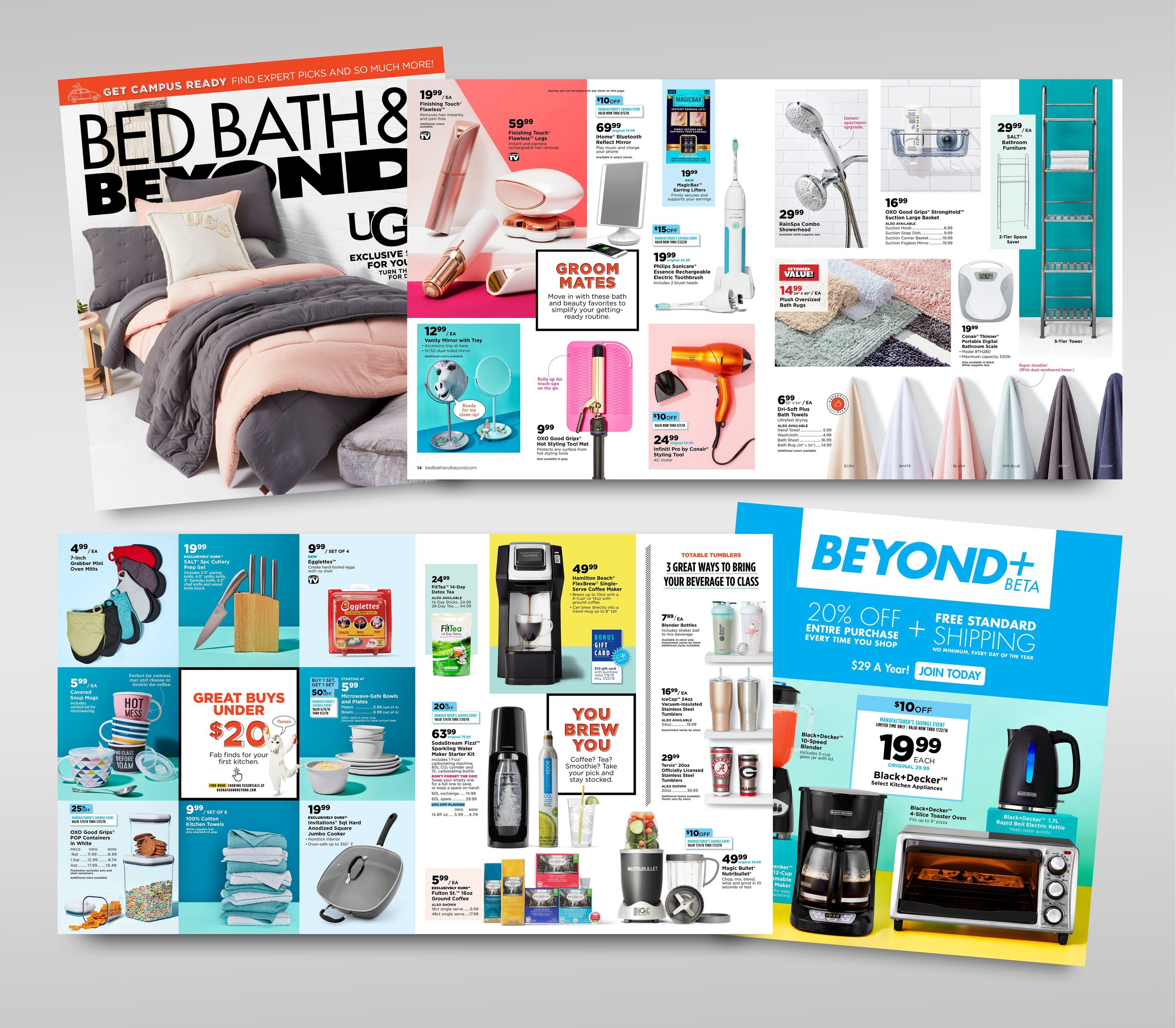 A flyer advertising home goods and appliances, including bedroom furniture, bedding, kitchenware, and small appliances, with promotional offers and a bright, colorful design.