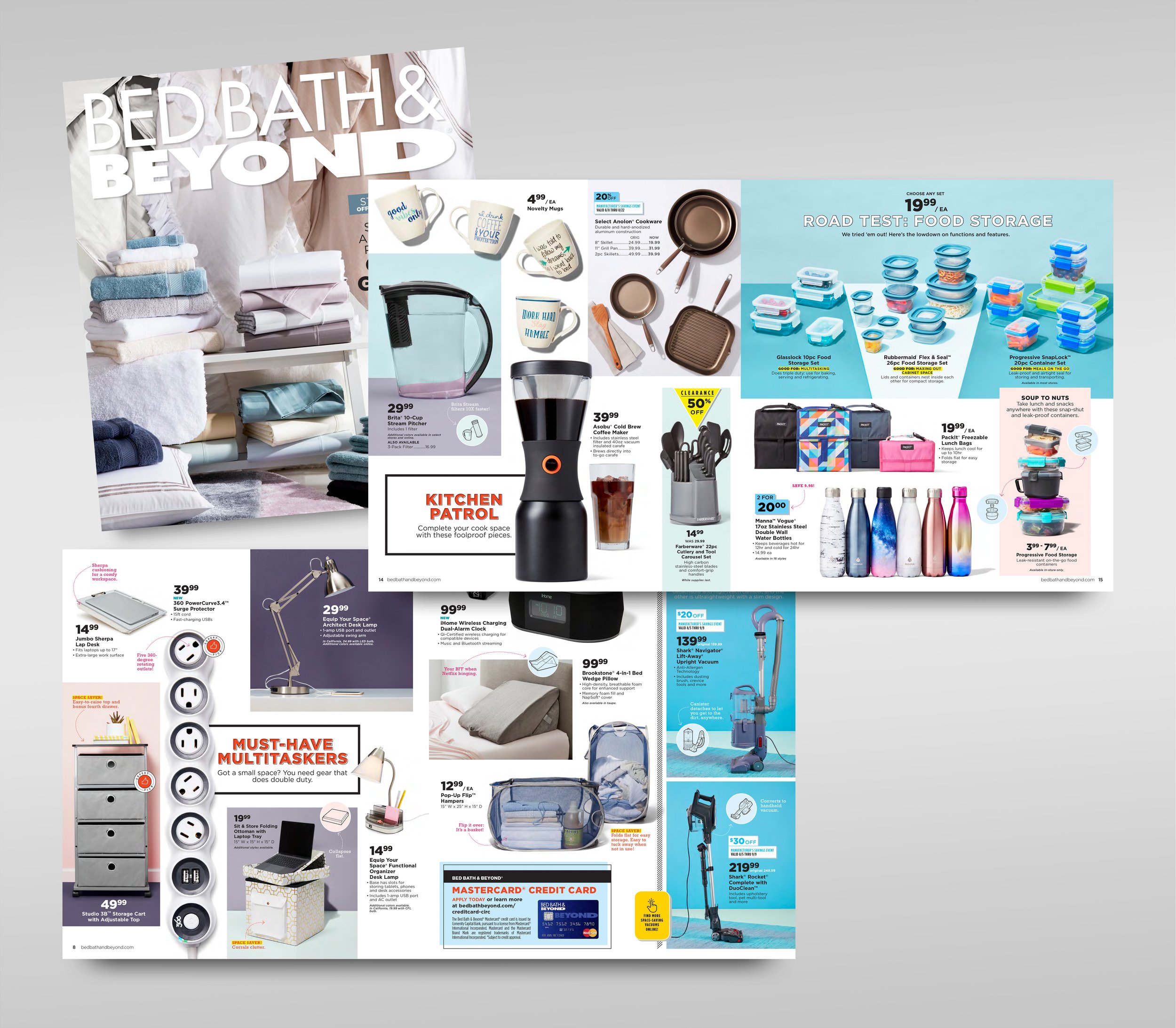 A two-page advertisement for Bed Bath & Beyond featuring home goods, kitchen appliances, storage solutions, decor, and cleaning equipment.