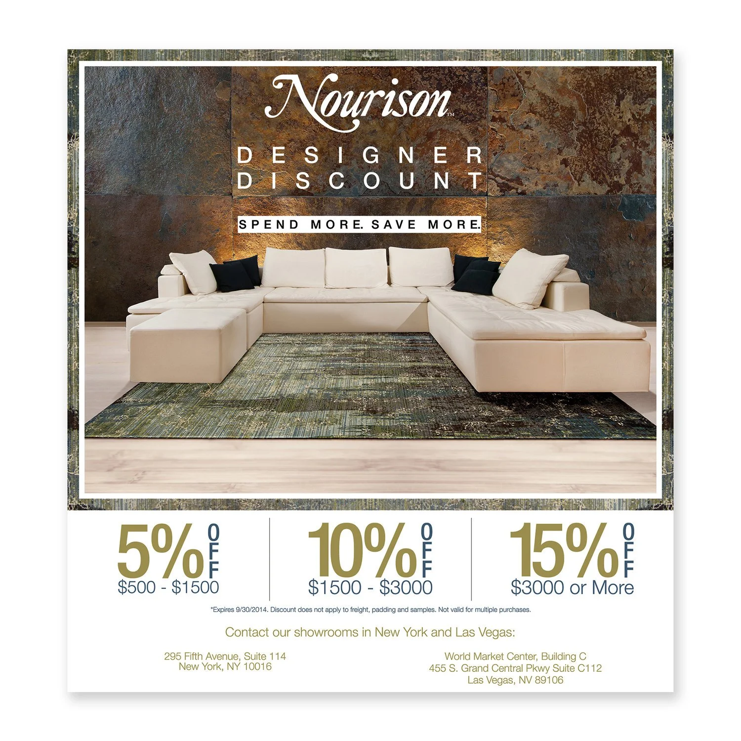 Furniture store advertisement for Nourison with a sectional sofa and rug, offering discounts from 5% to 15% for purchases of various amounts, with store locations in New York and Las Vegas.