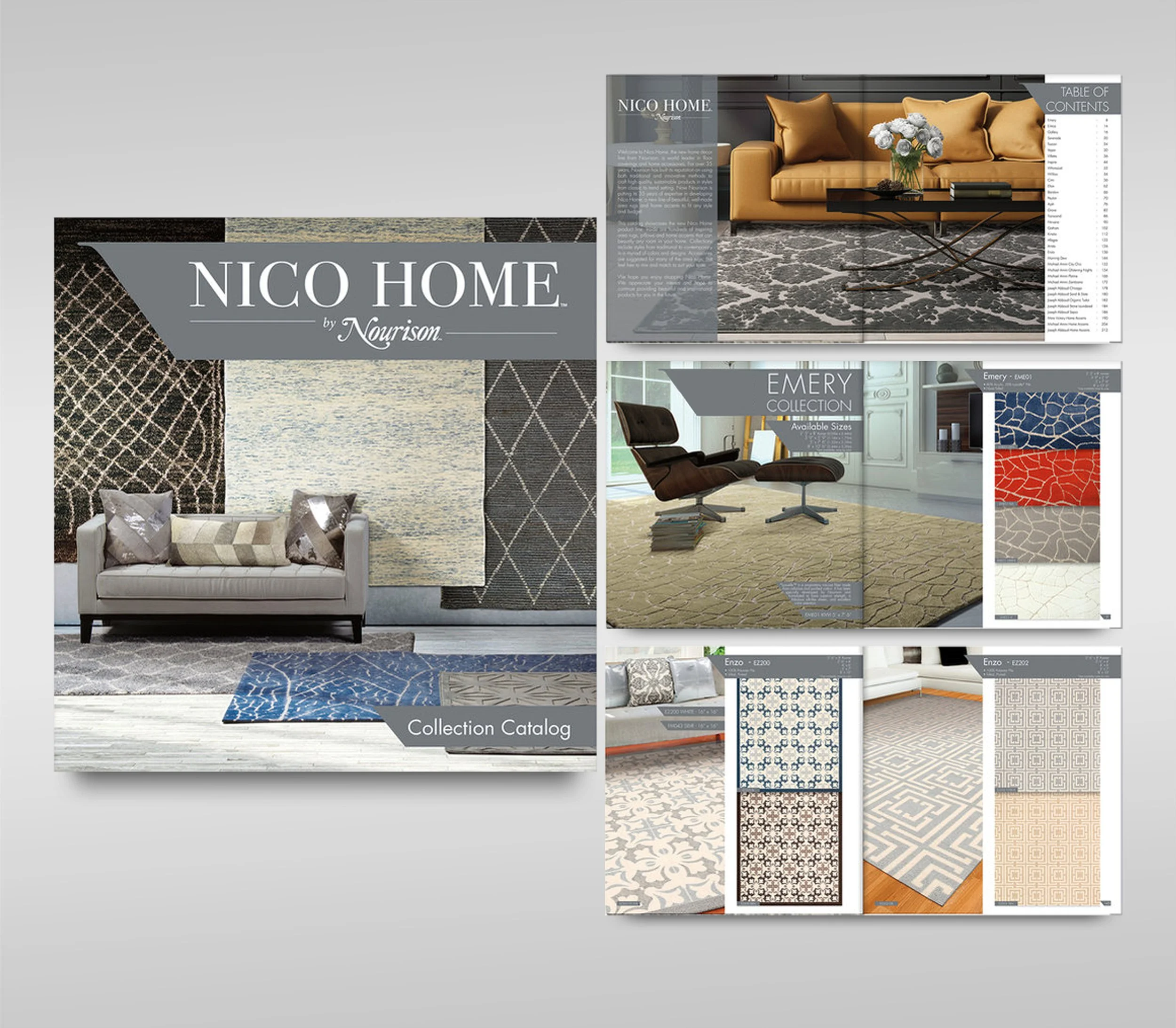 Cover of a catalog titled "Nico Home" featuring various rugs and carpets in different room settings with a table of contents and product details.