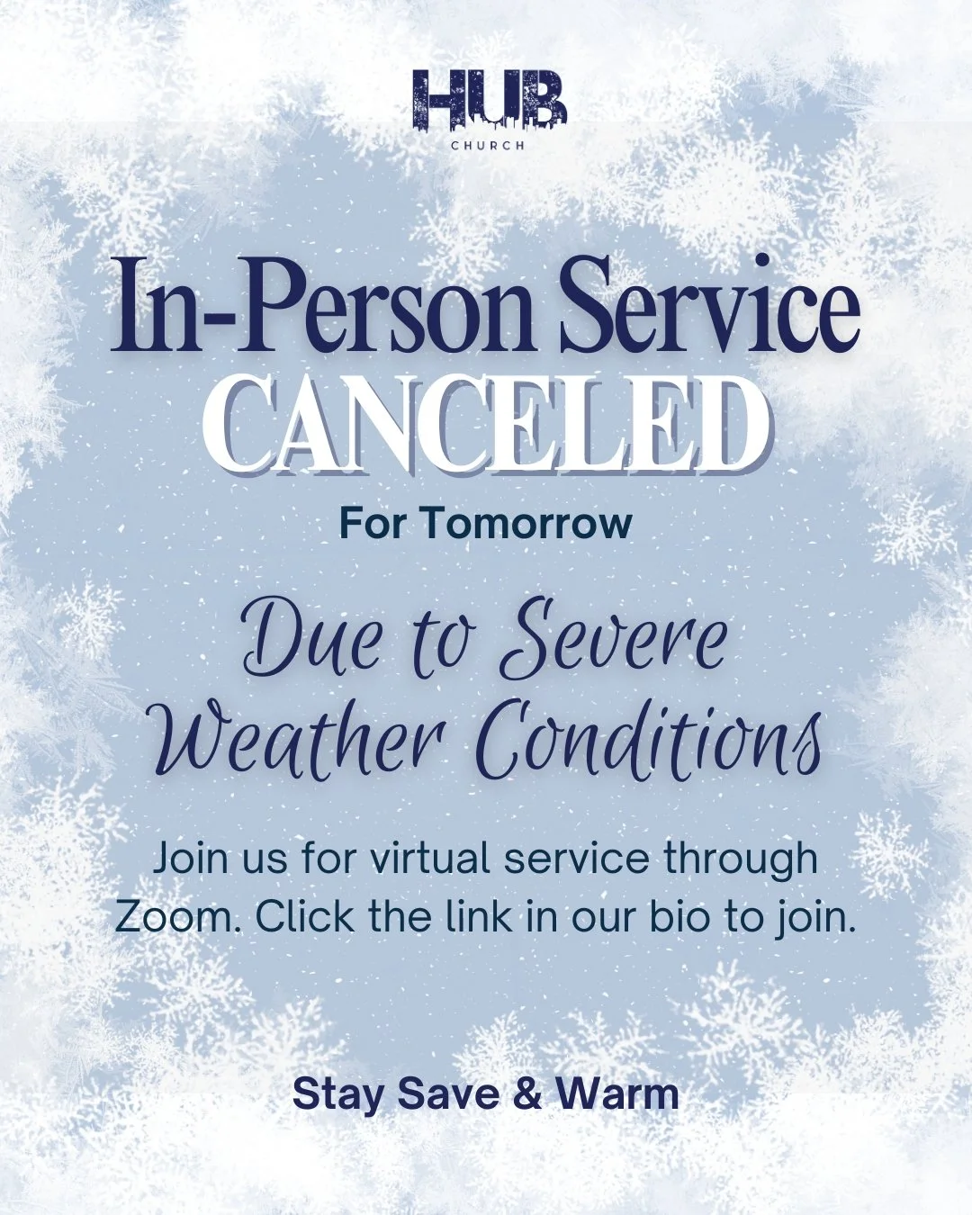 With the weather conditions expected, we&rsquo;ve decided to move service online for tomorrow. You can join us through Zoom, just head to the link in our bio. Grab something warm and join us from home ❄️