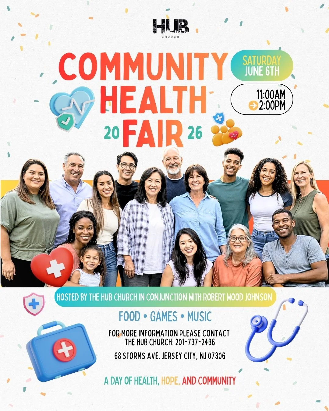 We believe caring for people goes beyond Sunday morning. 💛

The Hub Church is partnering with Robert Wood Johnson to bring a FREE Community Health Fair right to Jersey City! Come out for a day of health resources, food, games, music, and good people