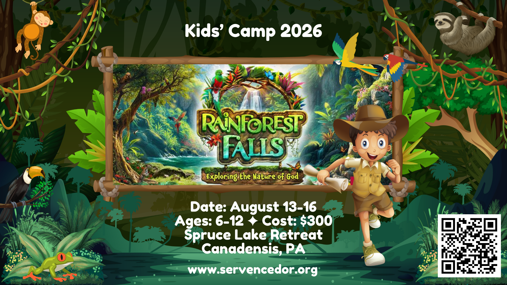 Event poster for Kids' Camp 2026 at Rainforest Falls, featuring a cartoon boy explorer, jungle animals including a toucan, frog, sloth, and parrots, with lush forest scenery and informational text about the camp.