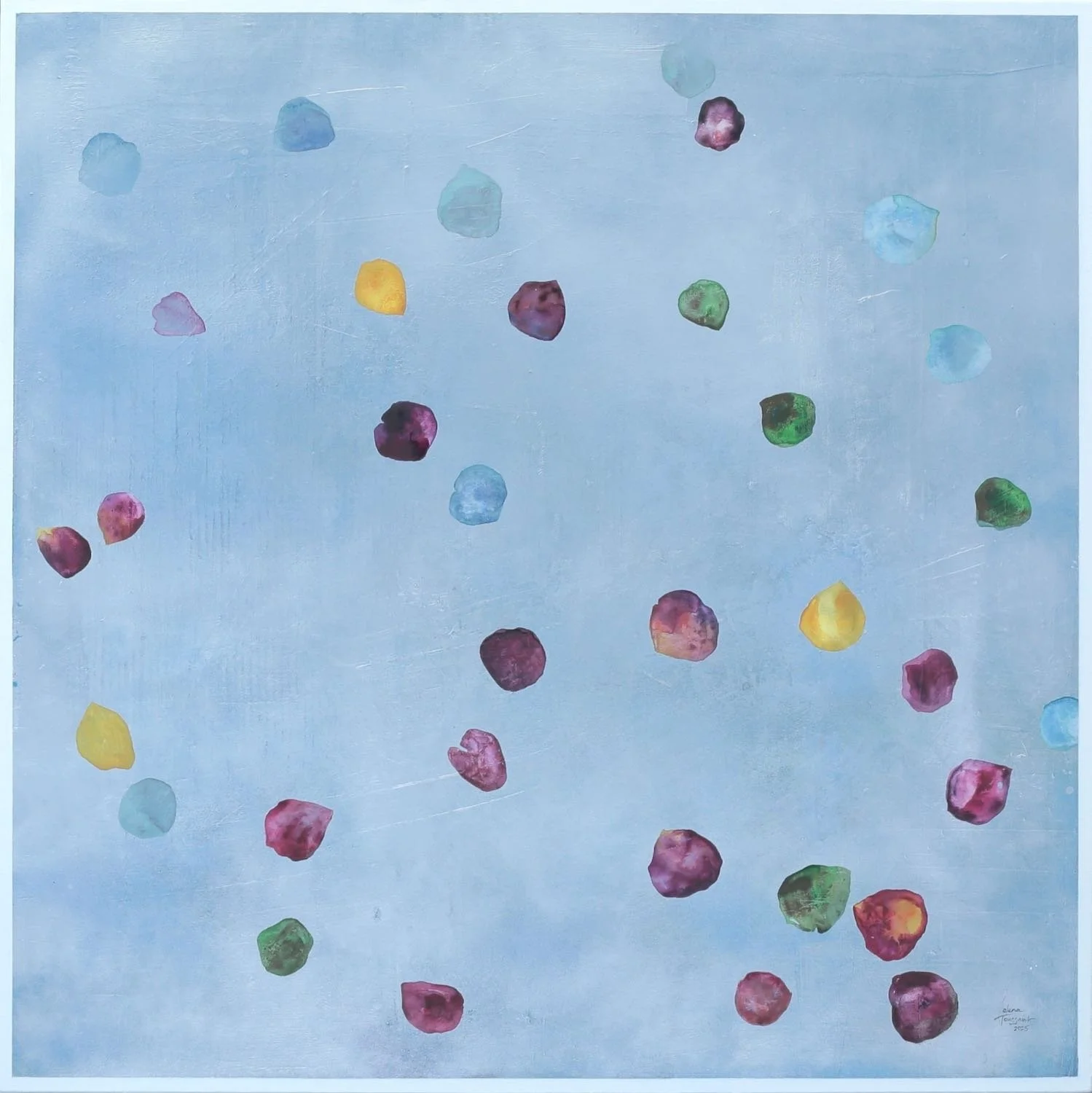 Lluvia de Pétalos, 2025. Técnica mixta sobre lino, 100 x 100 cm.