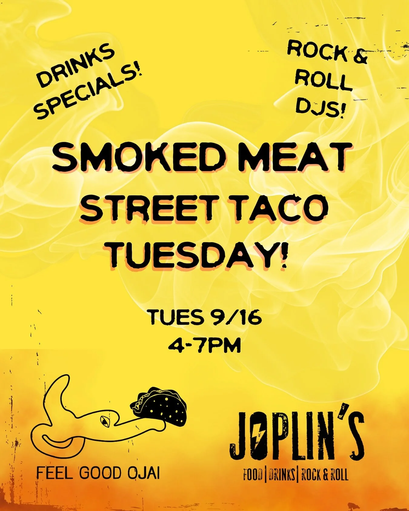 Your Tuesday night just got way more fun! 🔥

Welcome to Smoked Meat Street Taco Tuesday at Joplin&rsquo;s! Bite into our mouth-watering smoked meat (and veggie) street tacos, groove to jams from local legends, Feel Good Ojai, and keep the good times