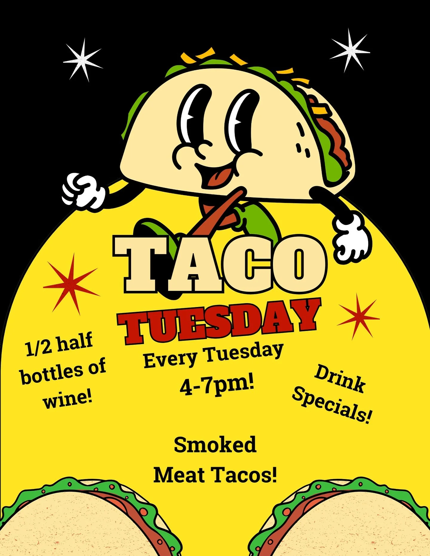 We are closed for lunch today but are opening at 4:00 for taco Tuesday!!

Taco Tuesday is back this week and better than ever! Every Tuesday from 4-7 PM, we&rsquo;re serving up amazing smoked meat and veggie tacos. Plus, enjoy half-off select bottles