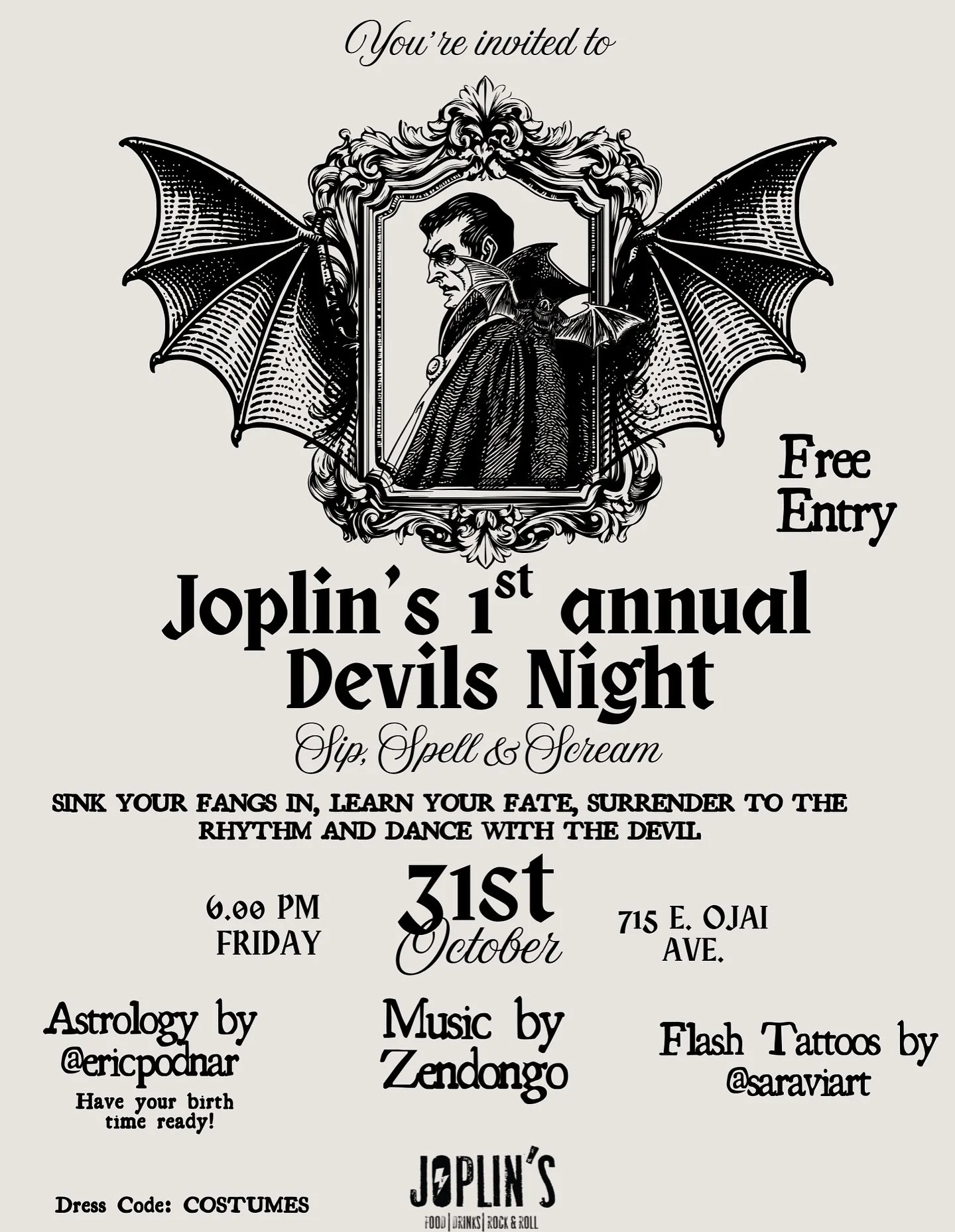 Get ready for a night of spooky fun! 🦇 Join us for Joplin&rsquo;s 1st annual Devils Night! ✨ Sip, Spell &amp; Scream with astrology by @ericpocnar, l so have your birth times ready, music by Zendongo ( @zendongo_ ), and flash tattoos by @saraviart. 