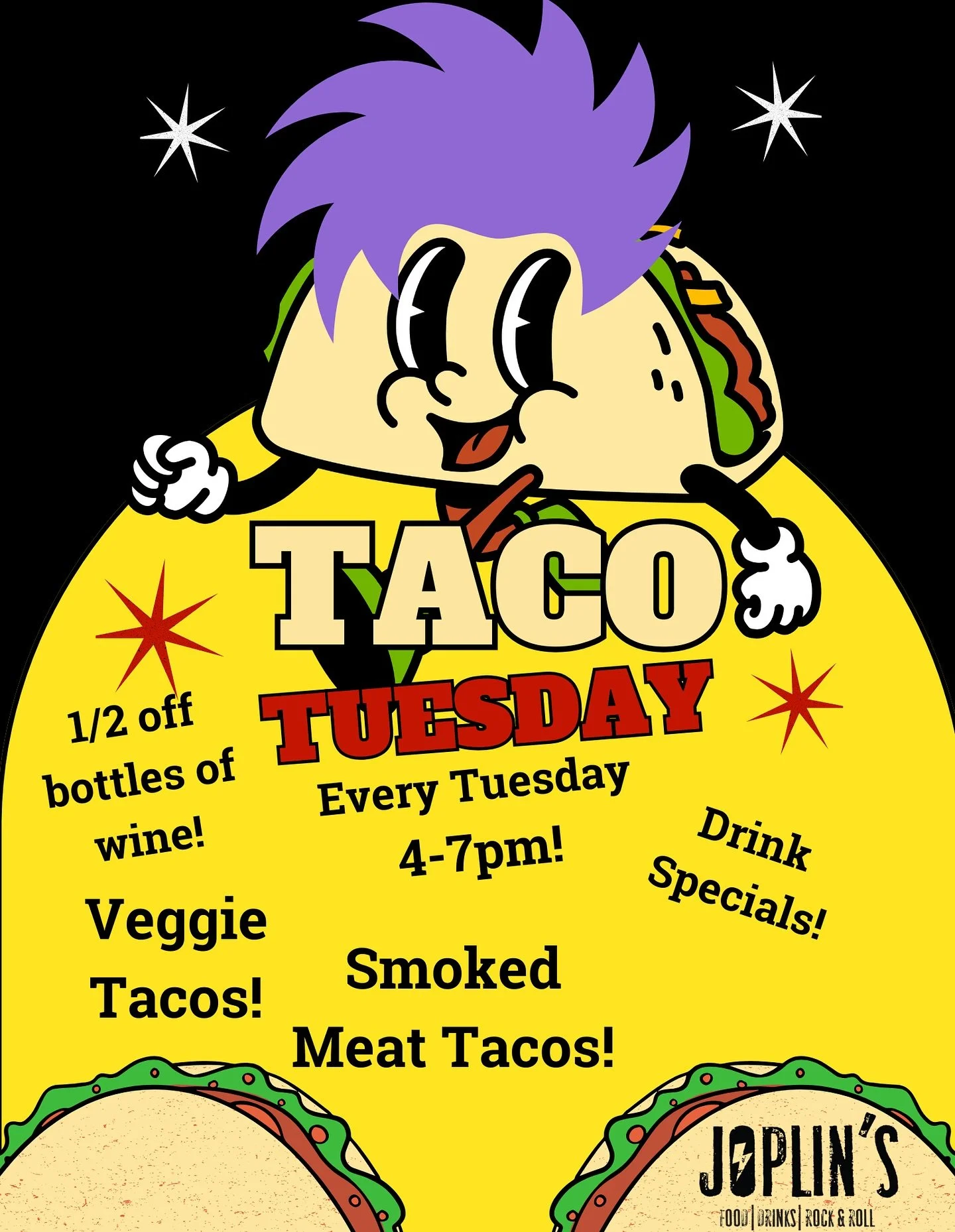 It&rsquo;s Pop-Punk Taco Tuesday Time! 🎸

It&rsquo;s Tuesday and you know what that means: awesome music and killer deals from 4-7 PM.

1/2 off select bottles of wine

$2 off select beers and NA wine

Full menu available 11 AM - 7 PM. See you there!