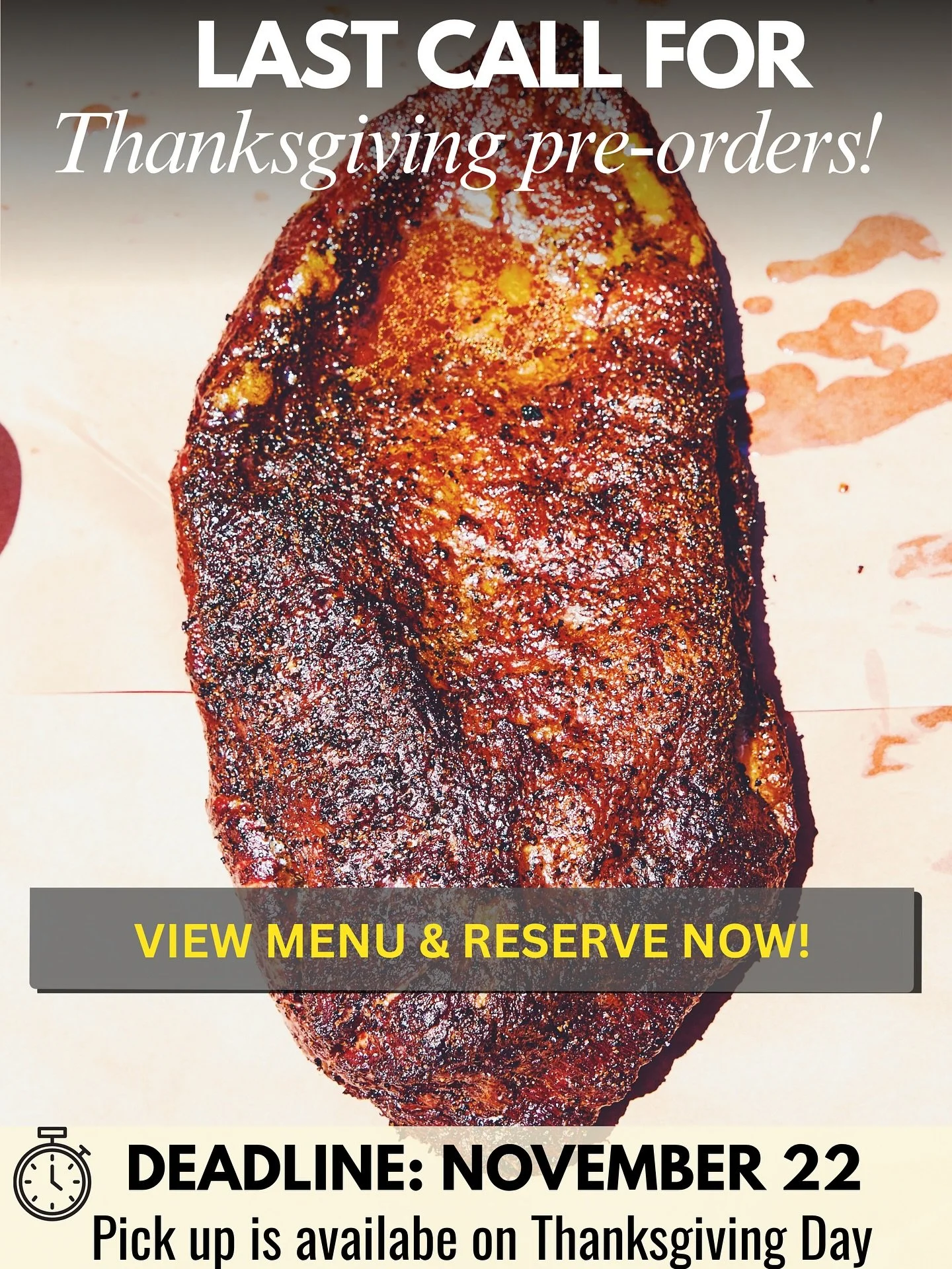 🚨 LAST CALL for Thanksgiving pre-orders!🚨
Don&rsquo;t be the one without the star of the table. Time is running out to reserve your holiday feast! That bark is waiting for you.
DEADLINE: TOMORROW, November 22nd!
Click the link in bio to view the me