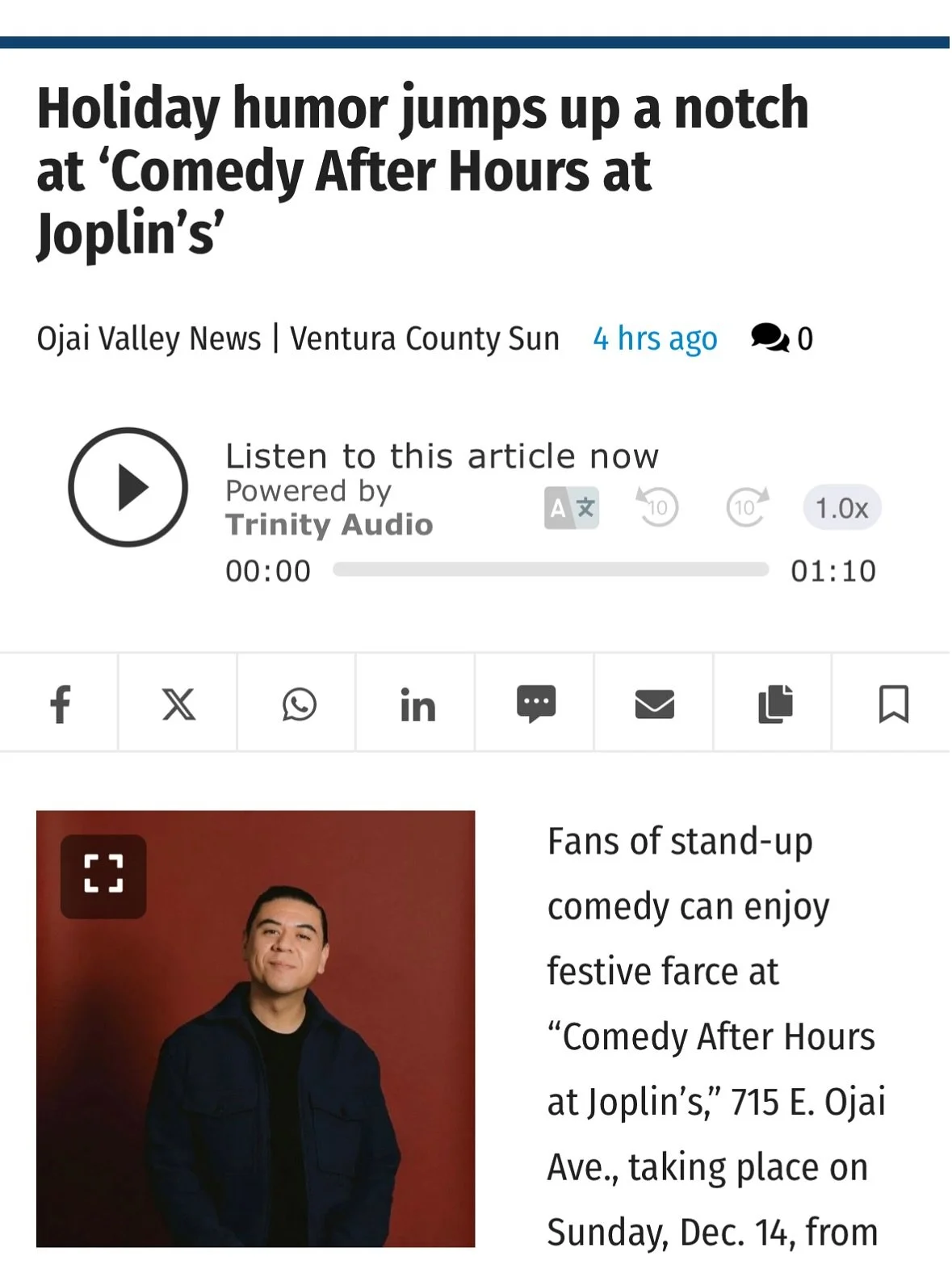 We are feeling the love! A massive thank you to @ojaivalleynews for helping us spread the word about our After Hours Comedy show! We are counting down the minutes! 🤩

The response has been incredible&mdash;tickets are nearly gone! Secure your spot f