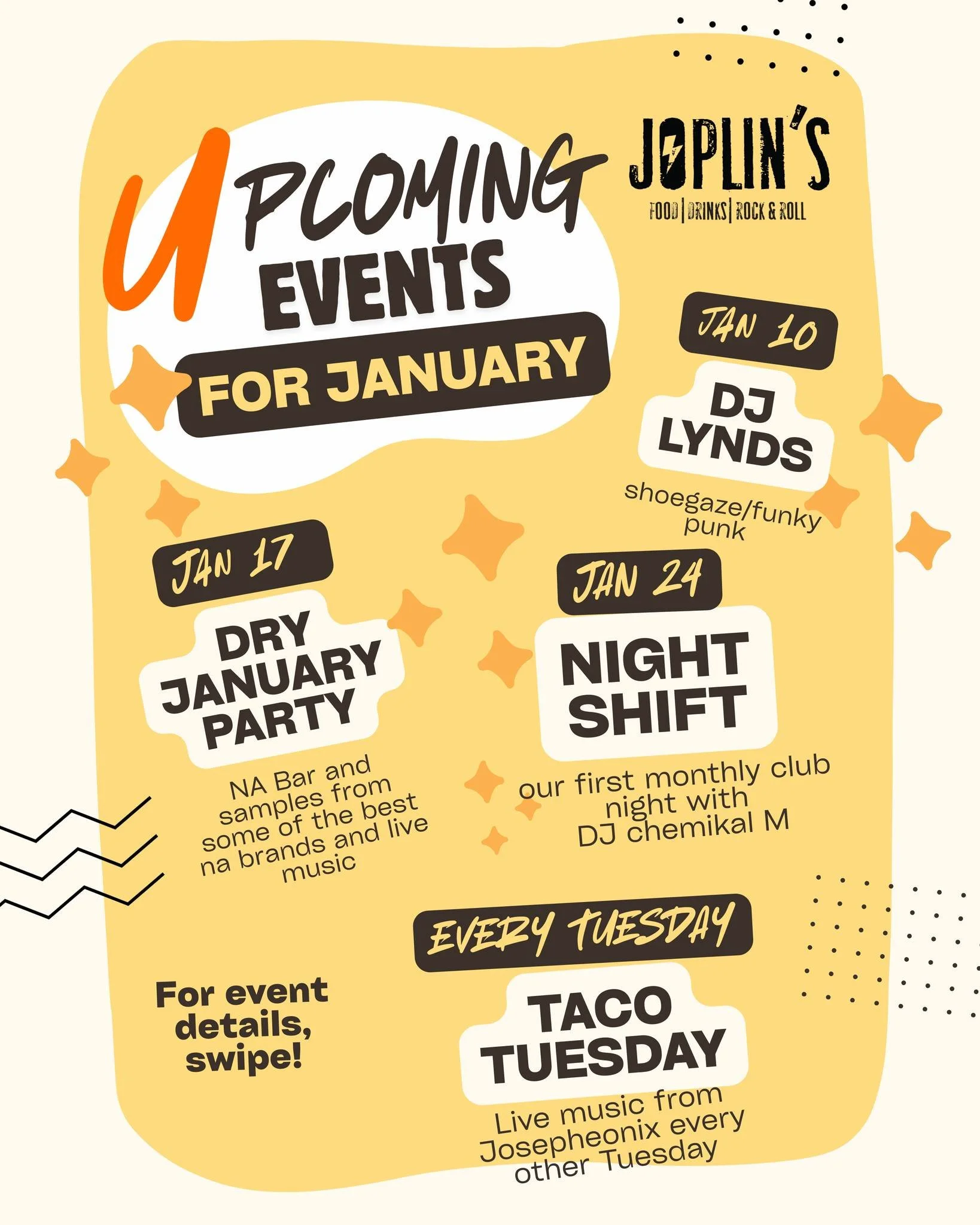 Happy New Year! ✨ We are so ready for 2026 and kicking it off with a lineup you don&rsquo;t want to miss. Swipe for the full January schedule and stay up to date by checking our events calendar on the Joplin's website! 👉

The Highlights:

Jan 10: DJ