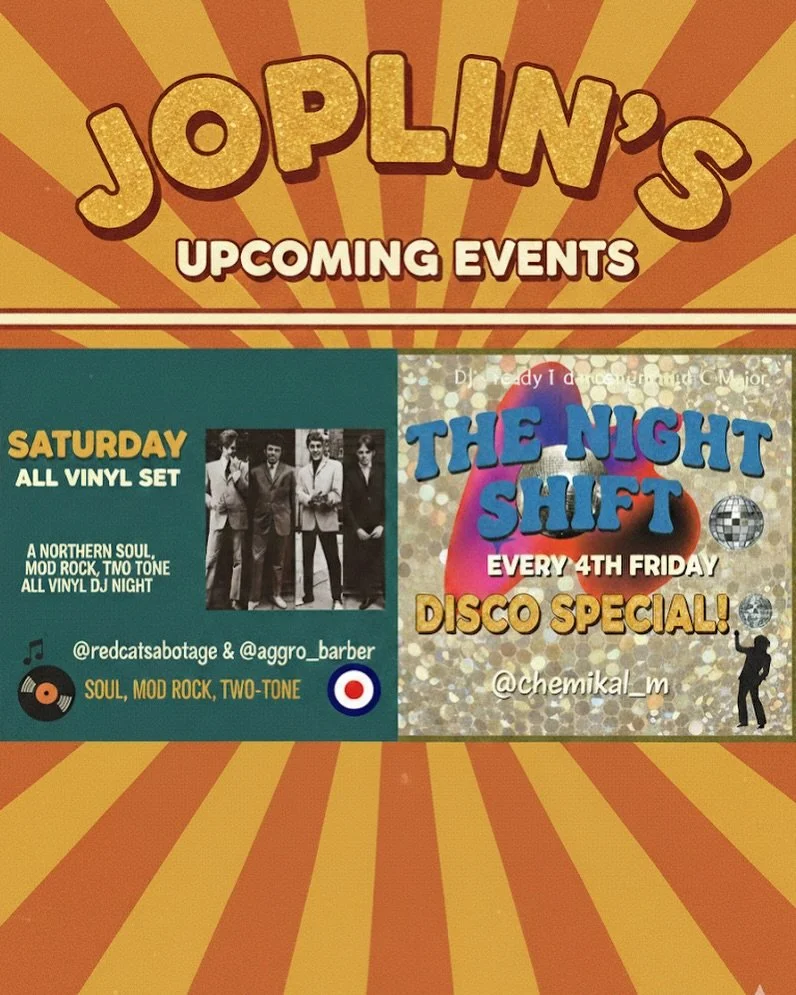 The dance floor is calling. 🥂
We have some massive sessions coming up at Joplin&rsquo;s. First up this Saturday, we&rsquo;re going strictly analog&mdash;@redcatsabotage and @aggro_barber are spinning an all-vinyl set of Soul, Mod Rock, and Two-Tone.