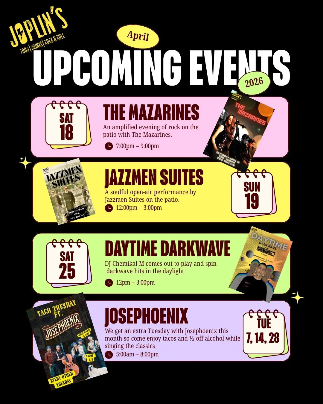 Posting this one last time- had to move things around because of the rain this weekend. Come support local live music! 

April is looking packed at Joplin&rsquo;s! 🎶 
From soulful patio sessions to amplified rock and Tuesday night classics, we&rsquo