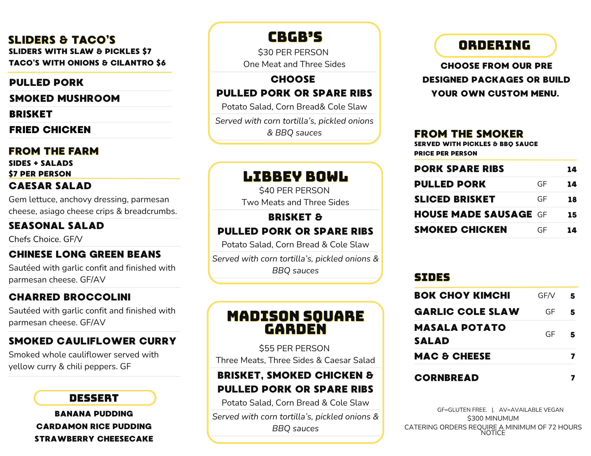 Joplin's BBQ menu in Ojai, CA showing smoked brisket, pulled pork, sliders, tacos, salads, desserts, catering packages and custom menu options