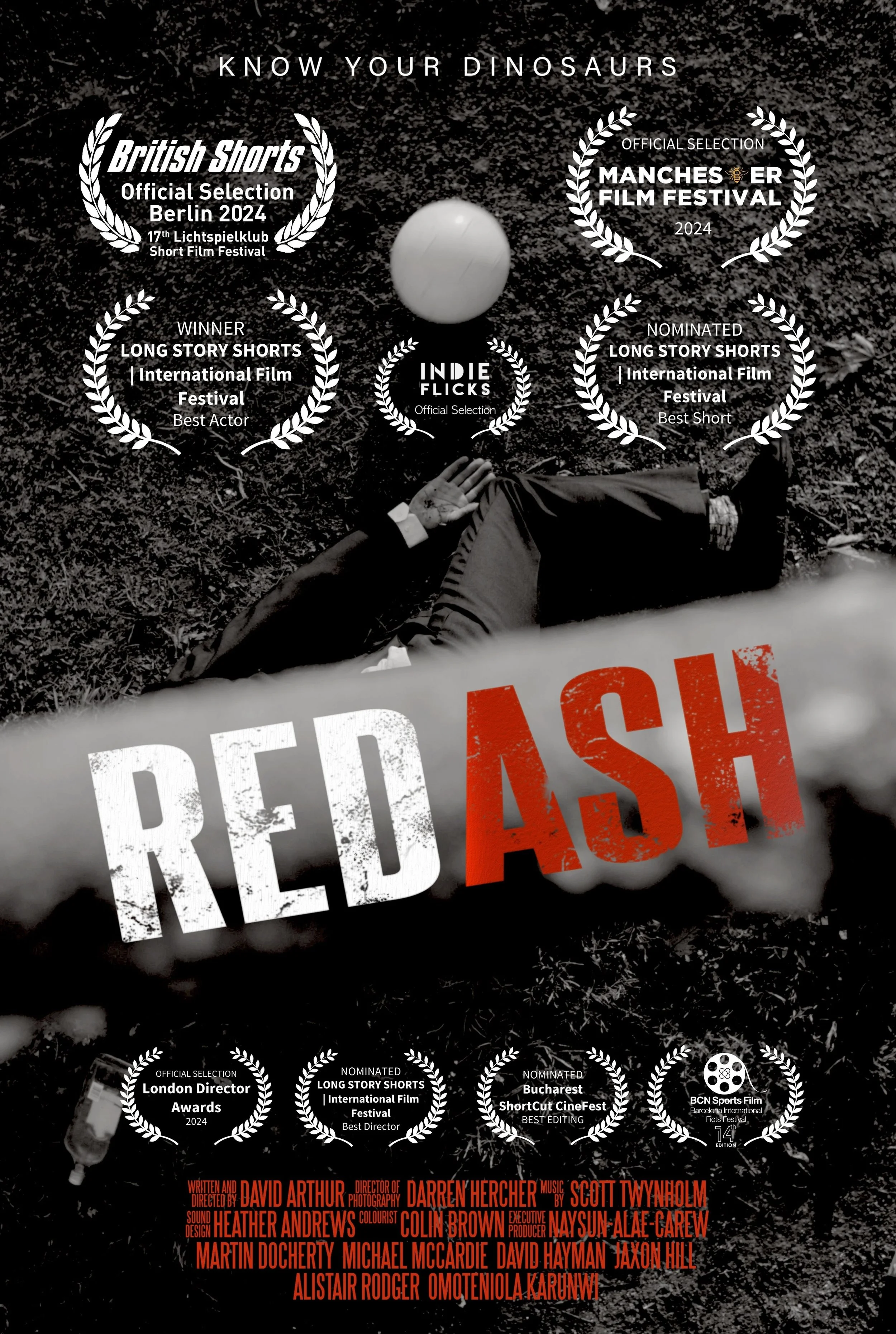 Promotional poster for the film 'Red Ash' with award nominations and selections written and directed by David Arthur