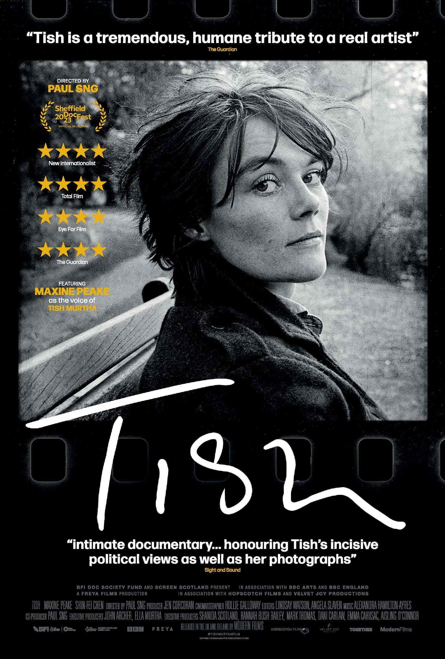 Black and white poster for the documentary 'Tish' directed by Paul Sng, featuring Maxine Peake as the voice of Tish Murtha.