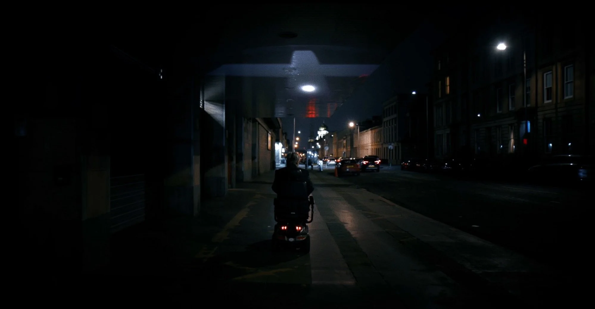 Aidan Moffat on mobility scooter in Arab Strap music video Strawberry Moon directed by David Arthur.