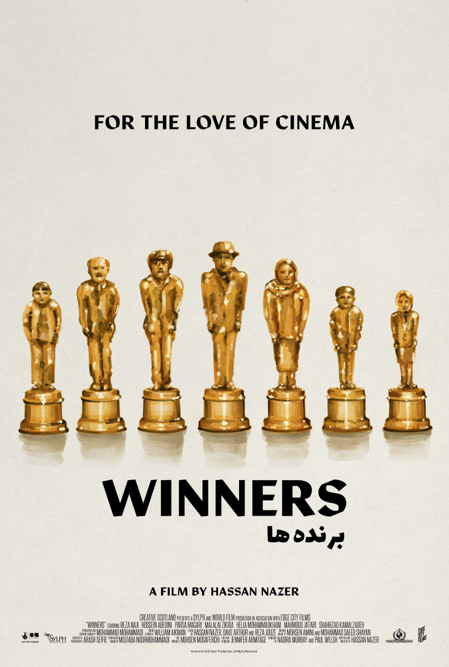 Poster for the film 'Winners' and text 'For the Love of Cinema.' Directed by Hassan Nazer. Edited by David Arthur.