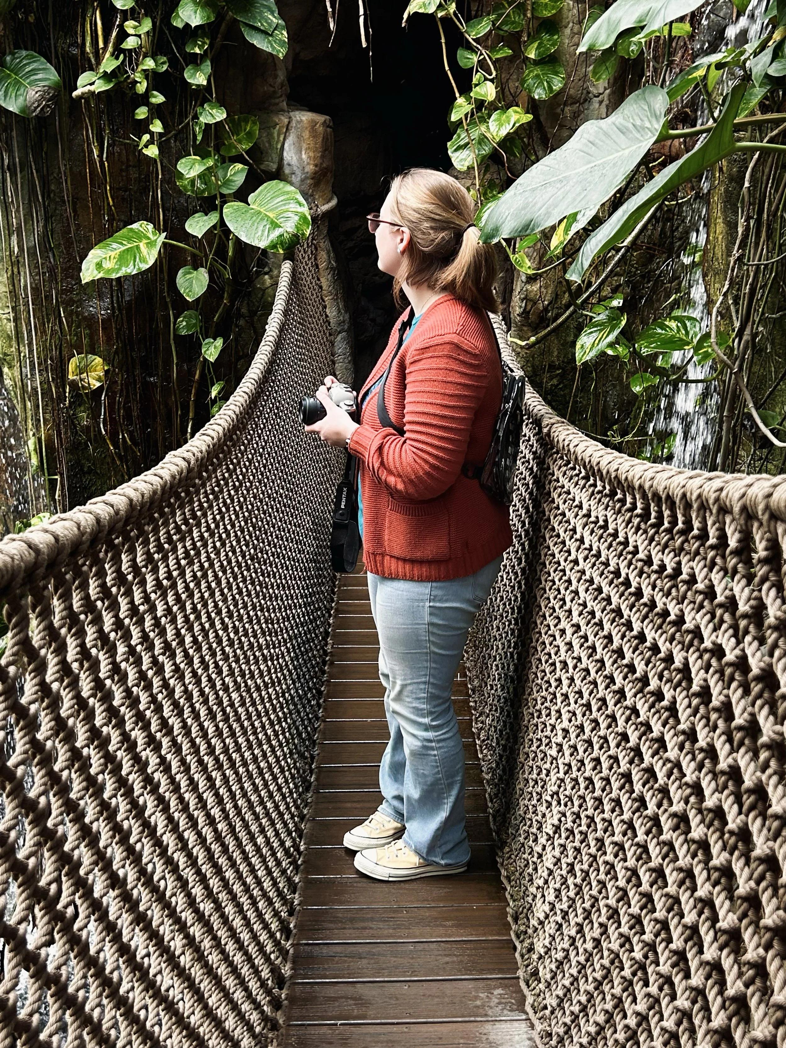 A woman stands on a wooden suspension bridge surrounded by lush green plants, holding a camera and looking towards a dark cave entrance.