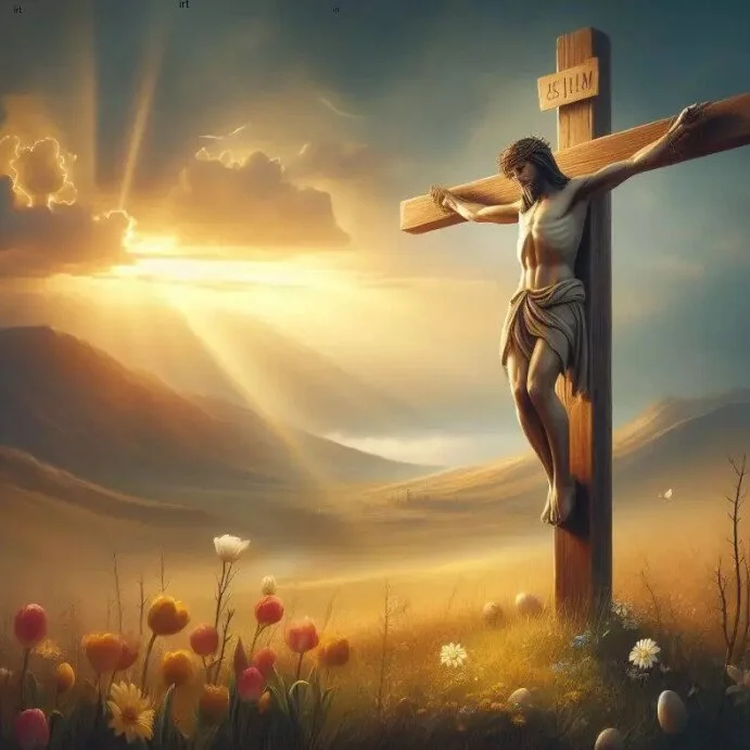 A crucifix with Jesus Christ crucified is set in a landscape with flowers, under a dramatic sky with sunlight breaking through clouds.