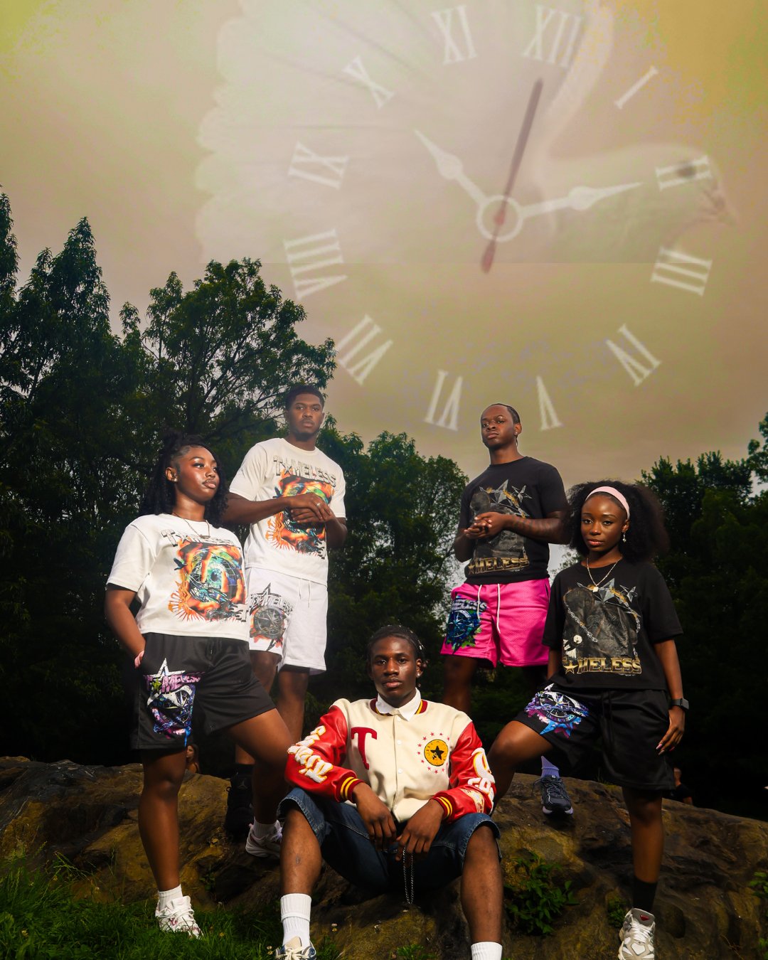 A group of five young people outdoors at dusk, with trees in the background, overlaid by a large, semi-transparent clock face showing the time as 2:05.