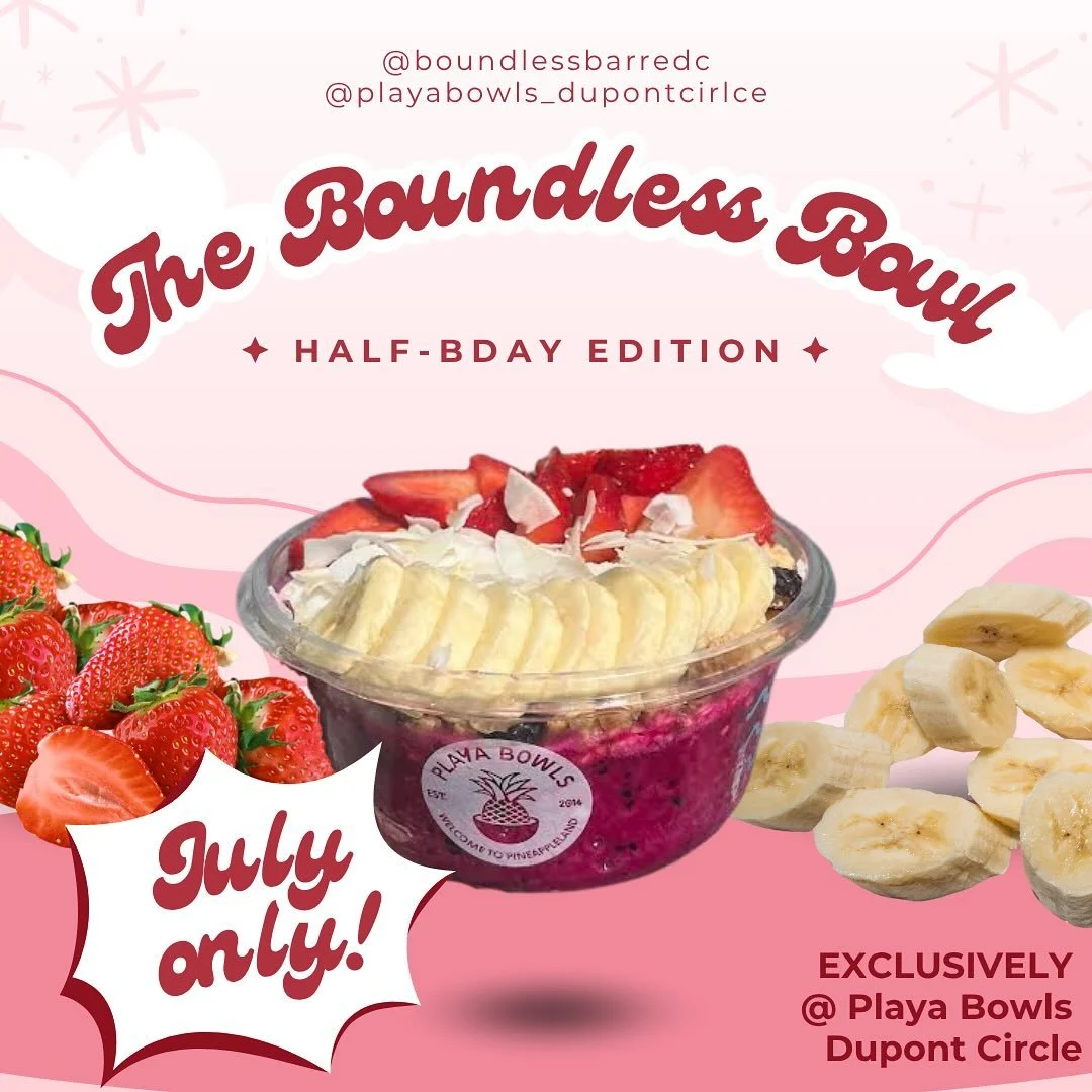 Introducing the Boundless Bowl, available @playabowls_dupontcircle all July long!
DM @boundlessbarredc a pic of your Boundless Bowl for 15% off your next event π
#playabowlsdc #dcfitness #dcwellness #dcpopups #dcevents #barreworkout #breathwork #