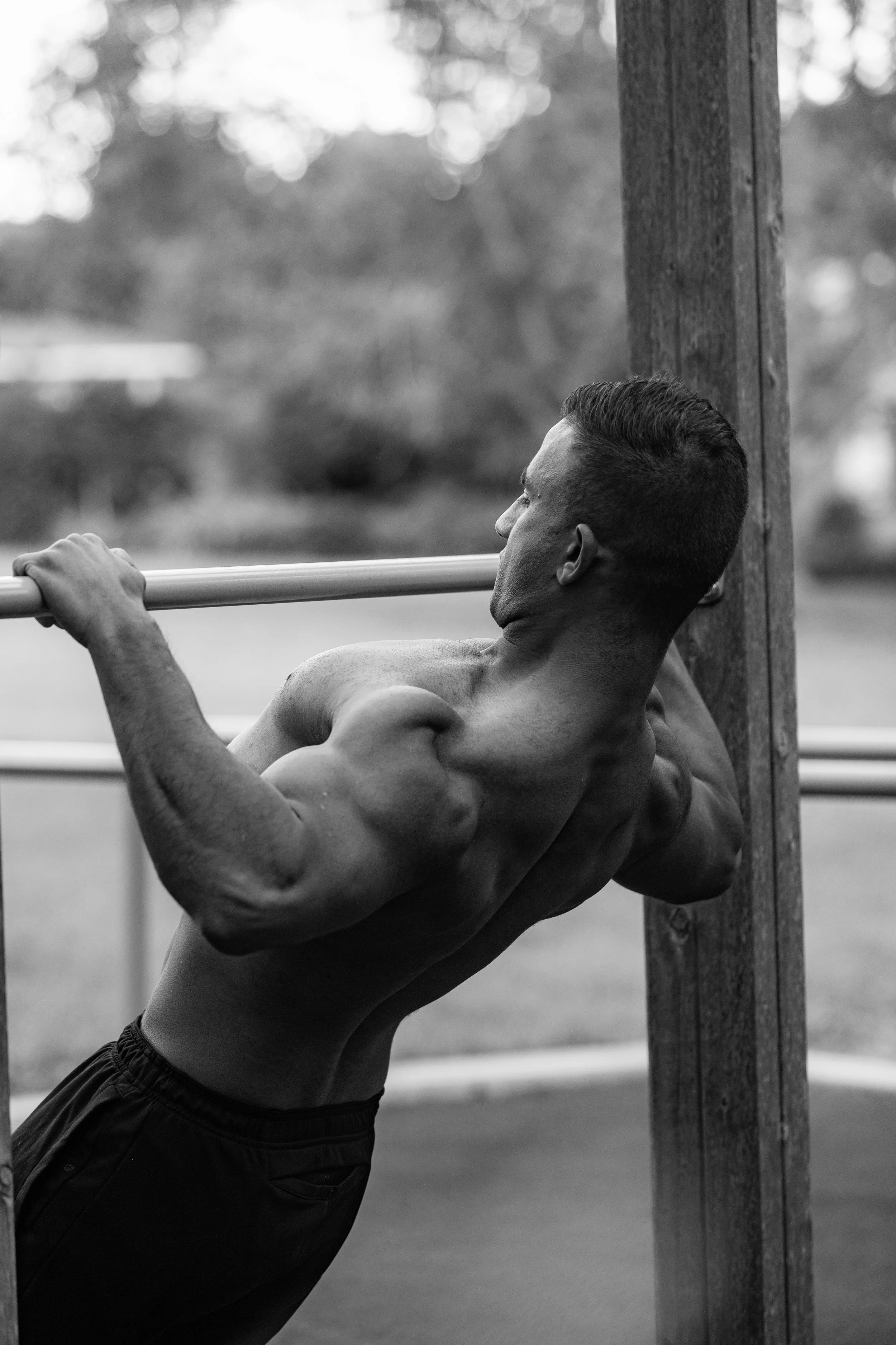 A shirtless man with muscular arms and shoulders doing a bodyweight row on outdoor gym equipment, with a blurred background of trees and sky.