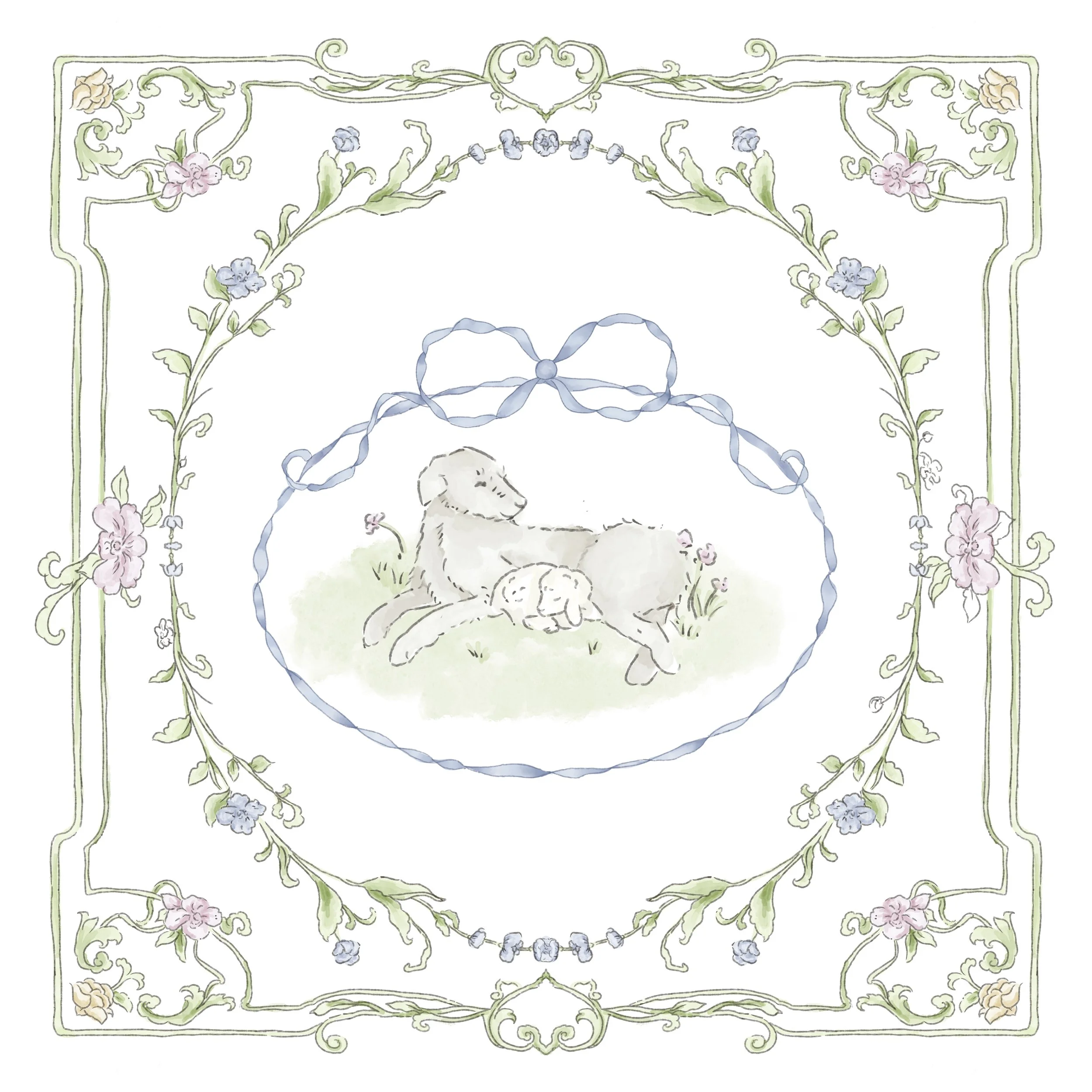 A watercolor illustration of a mother dog lying on the grass with her two puppies, surrounded by pink and blue flowers and a decorative floral border with pastel colors.