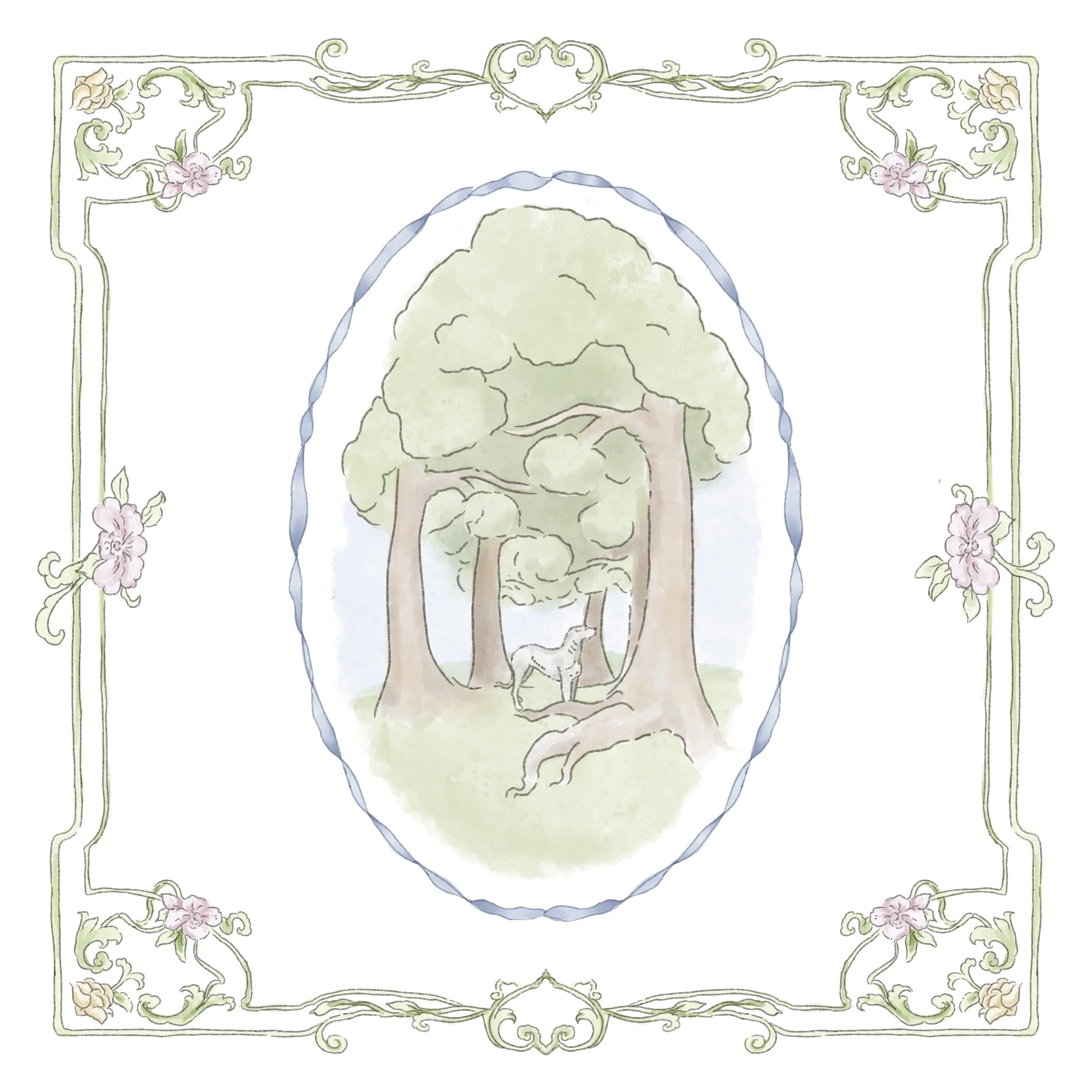Watercolor illustration of a forest scene with tall trees and a deer, framed by a decorative floral border.