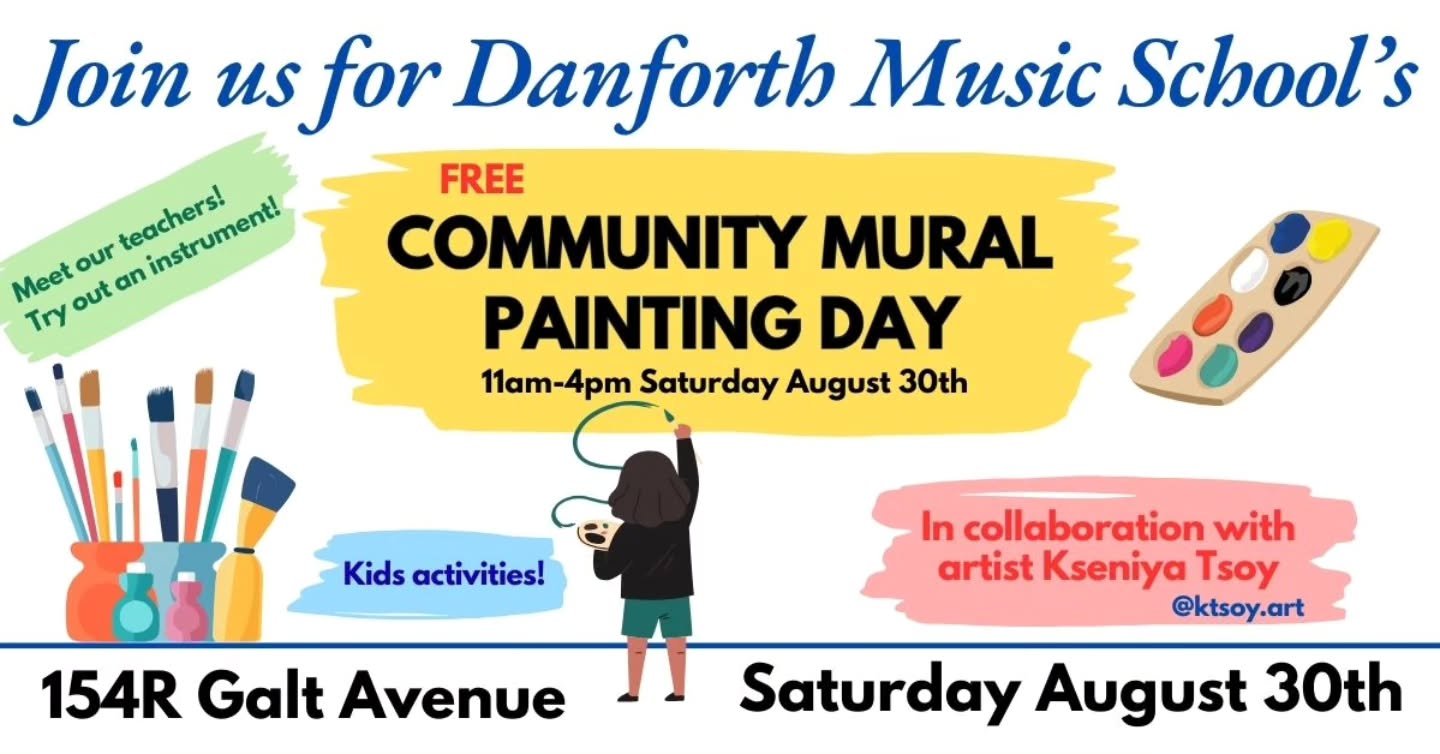 Join us for a community mural painting day on Saturday August 30th!

Drop in any time between 11am and 4pm, grab a paintbrush, and work with local artist Kseniya Tsoy @ktsoy.art and The Everyone Collective to complete our outdoor musical mural wall.
