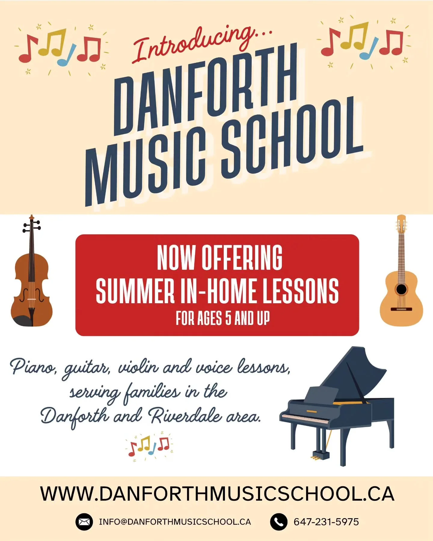 Danforth Music School is now offering Summer in-home lessons! 

We teach piano, violin, guitar, and voice lessons to students age 5 and up in the Riverdale and Danforth areas of Toronto. 

Book your spot today by emailing us at info@danforthmusicscho