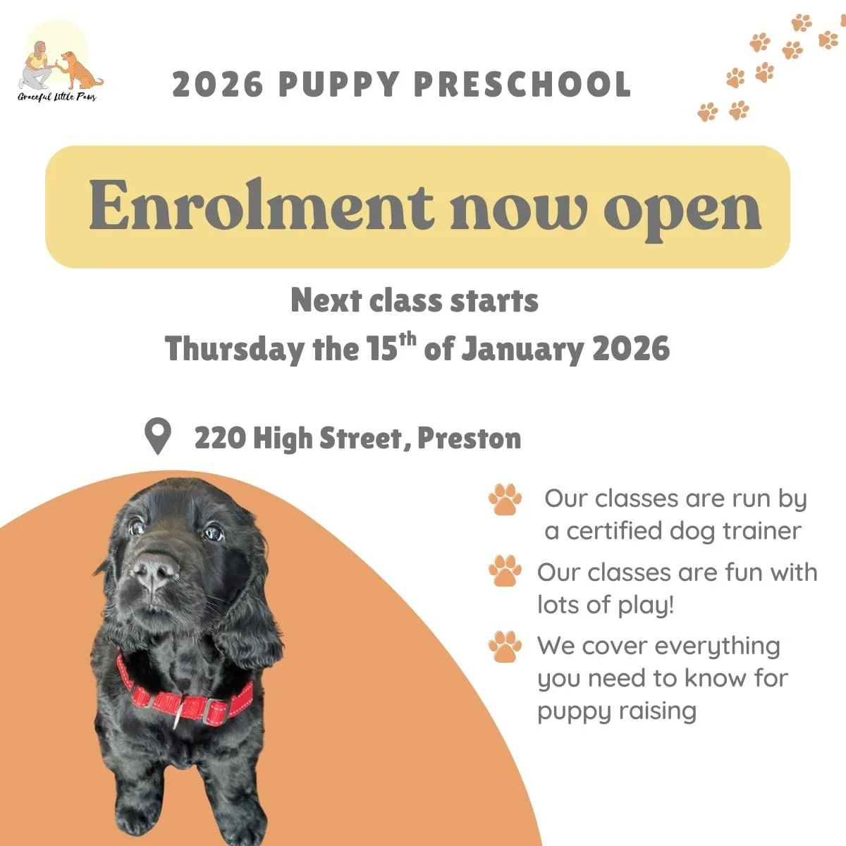 🐾 2026 Puppy Class Enrolments Are Open! 🐶✨

Our next round of Puppy Preschool starts 15th January at 7pm &mdash; and spots are already filling quickly!
If you&rsquo;ve got a new little fluff joining the family, now&rsquo;s the perfect time to set t
