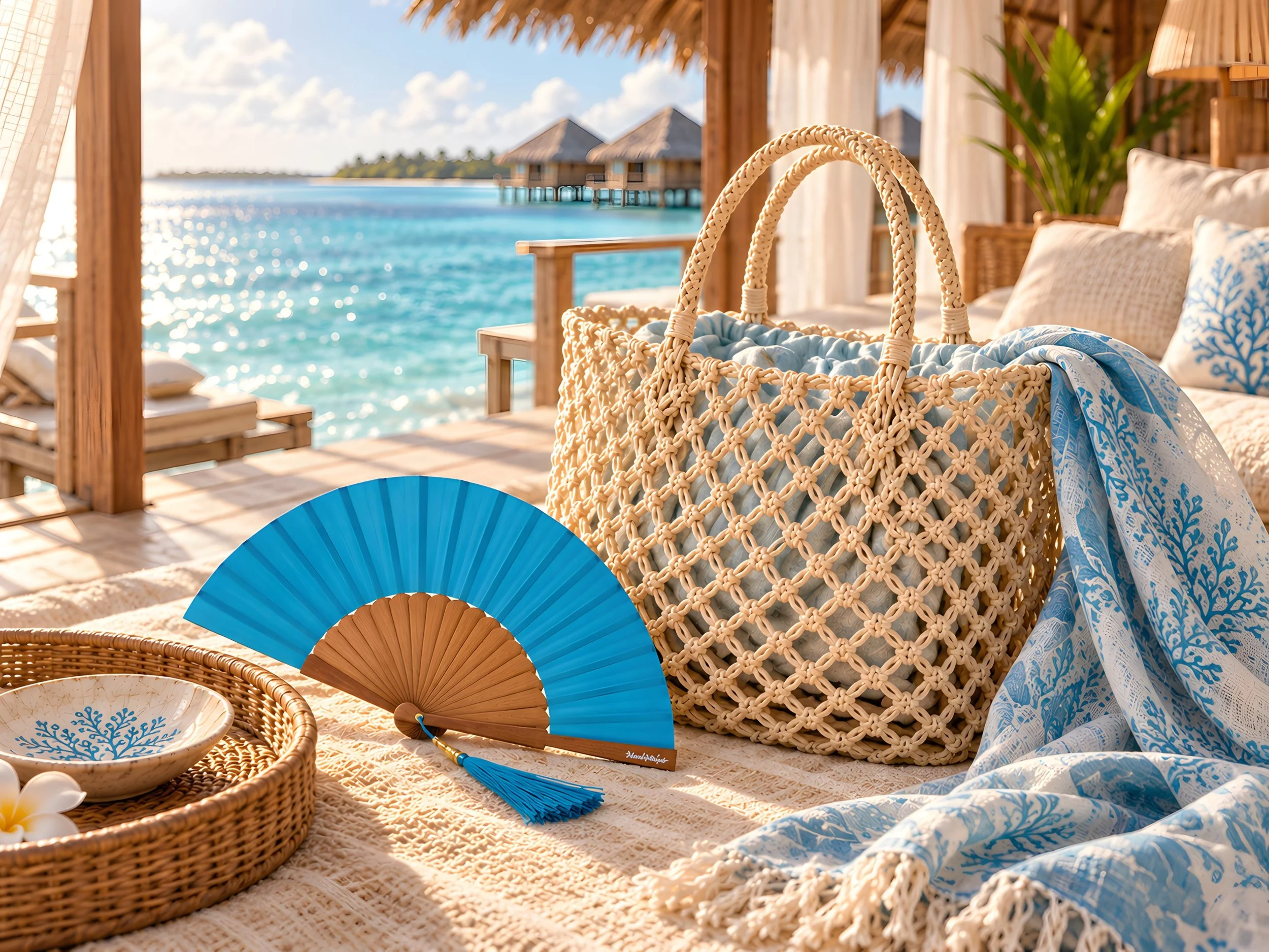 Estudio de materiales para hotel de lujo con textiles bordados, fibras naturales, madera grabada y acabados táctiles desarrollados por Island Whisper Atelier.