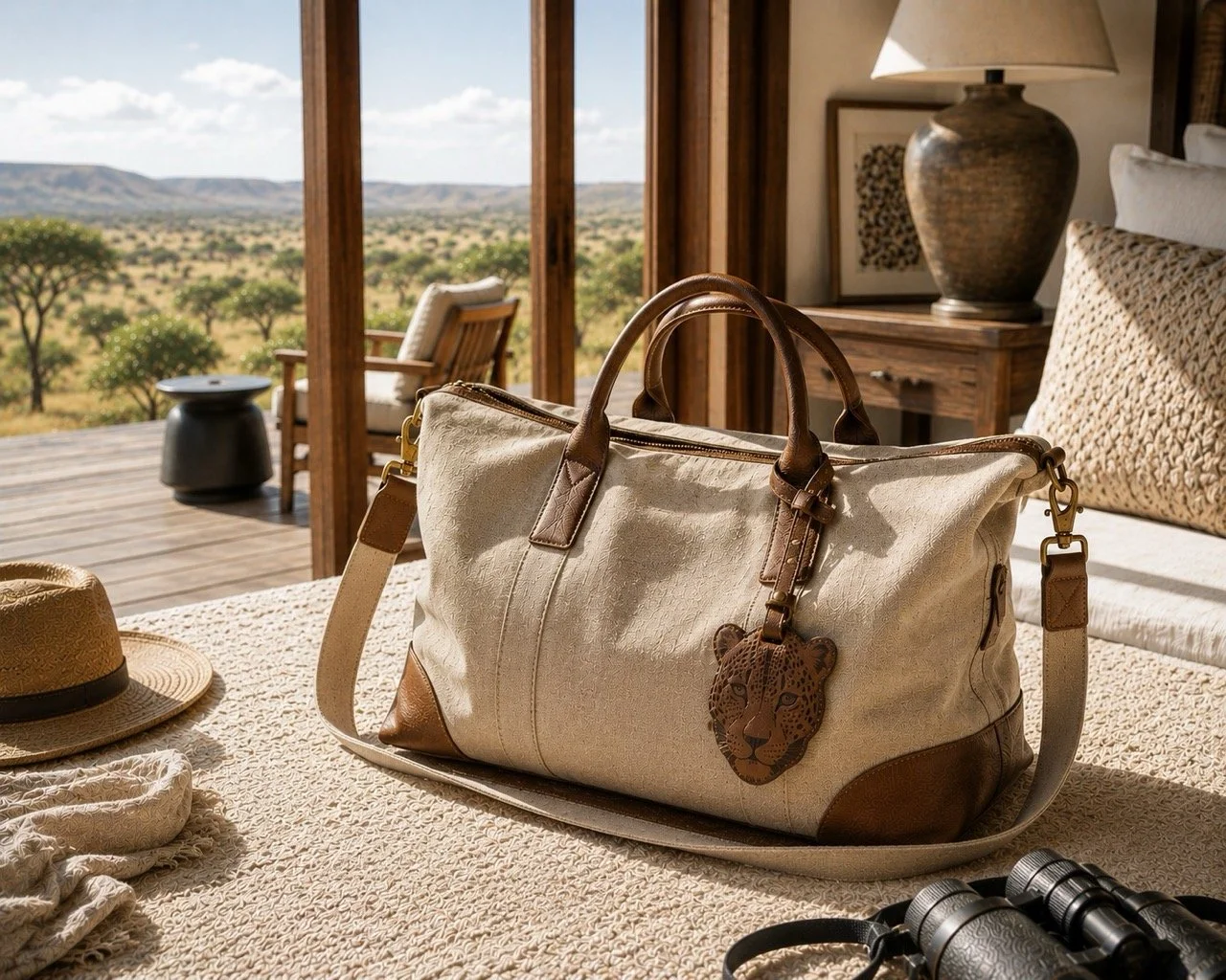 Bespoke canvas and leather safari bag with handcrafted wildlife detail, part of an Island Whisper Atelier hospitality collection.