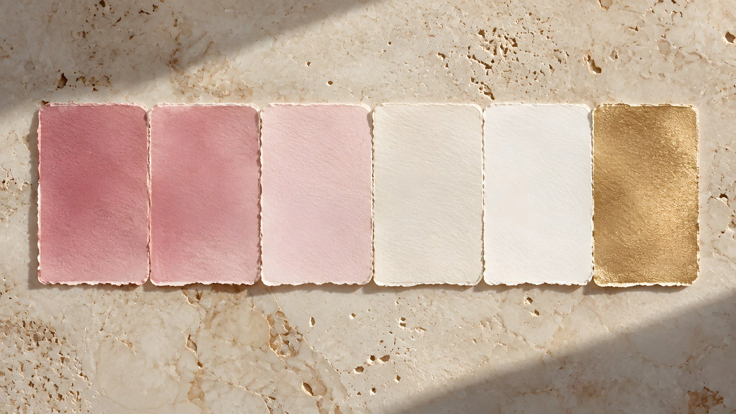 Paleta cromática en tonos rosa, marfil y dorado desarrollada por Island Whisper Atelier para un proyecto de diseño de lujo a medida.