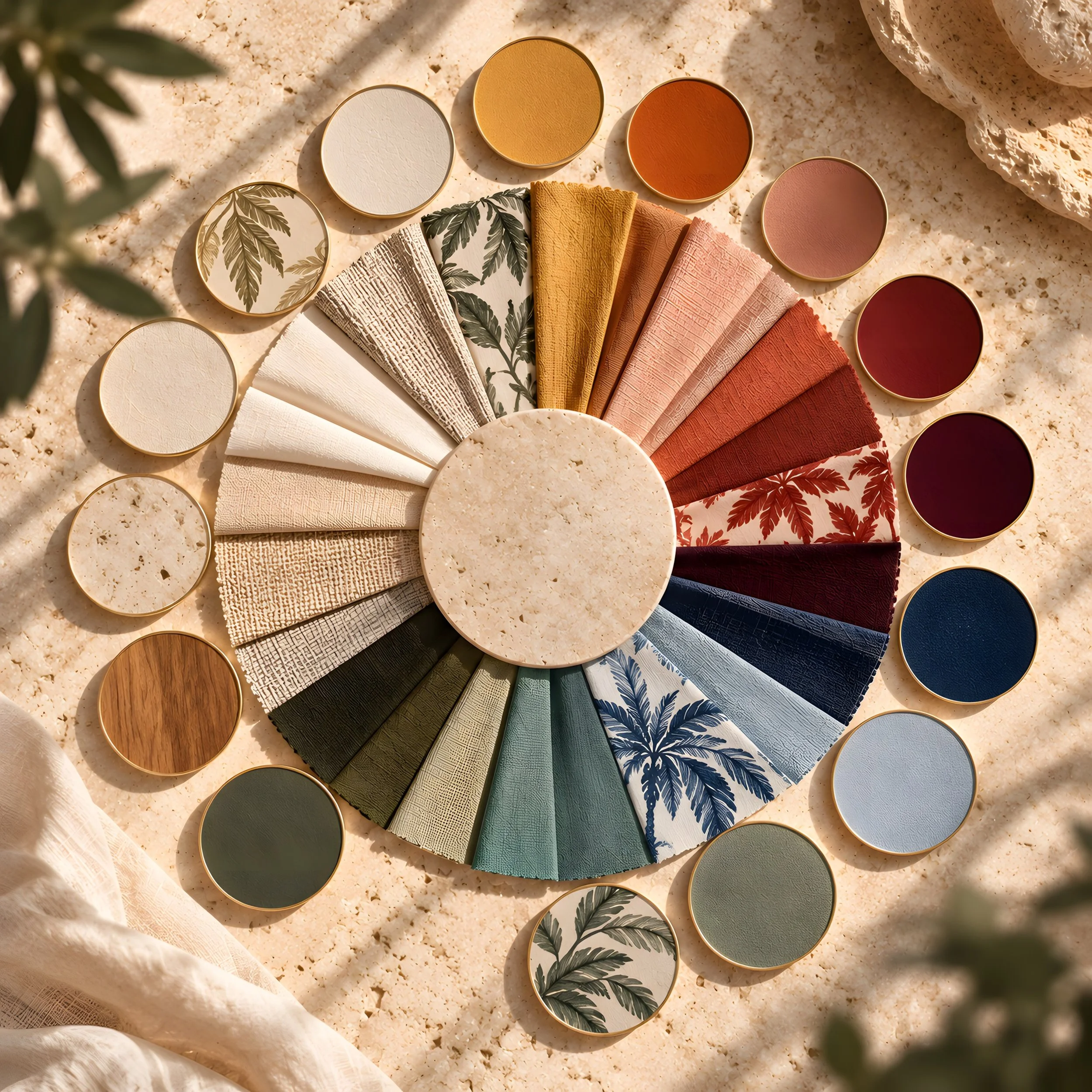 Circular palette of colours, fabrics and materials used to develop bespoke objects and sensory experiences by Island Whisper Atelier.