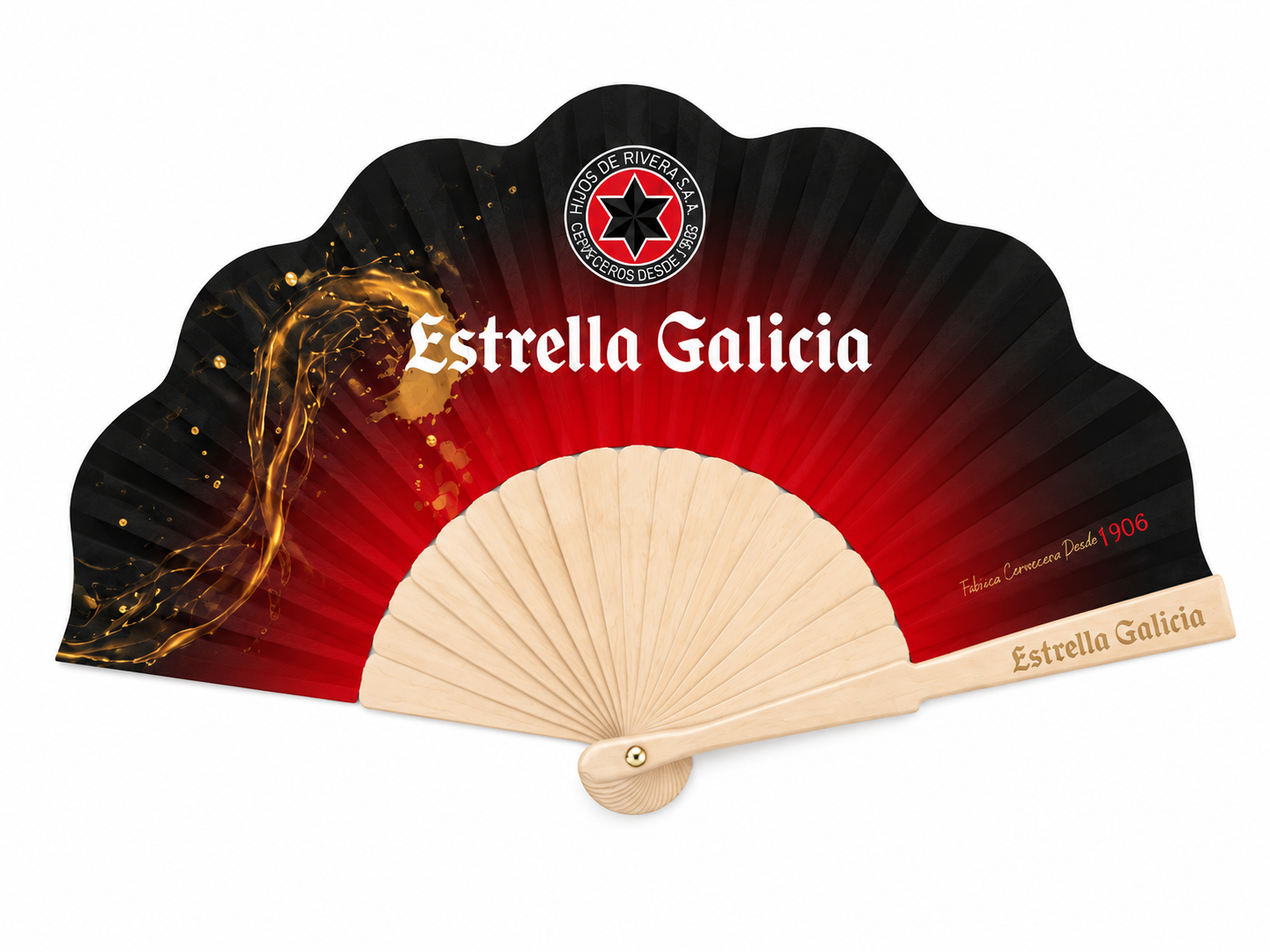 A folding hand fan with a black and red gradient background, gold splashes on the left, and the text 'Estrella Galicia' in white. The top features a circular logo with a black star and red border. The bottom of the fan has the text 'Estrella Galicia' in beige. The right side has red text 'Fábrica Cervecear Desde 1906'.