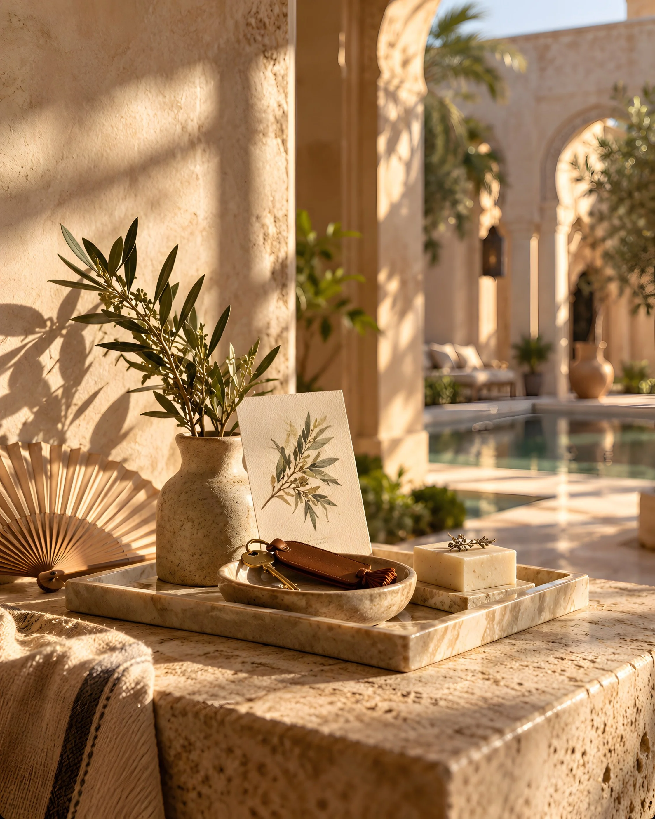 Colección de bienvenida para la apertura de un hotel de lujo, con abanico a medida, jabón artesanal, pouch de lino, detalle de piel y tarjeta ilustrada inspirada en la arquitectura del destino